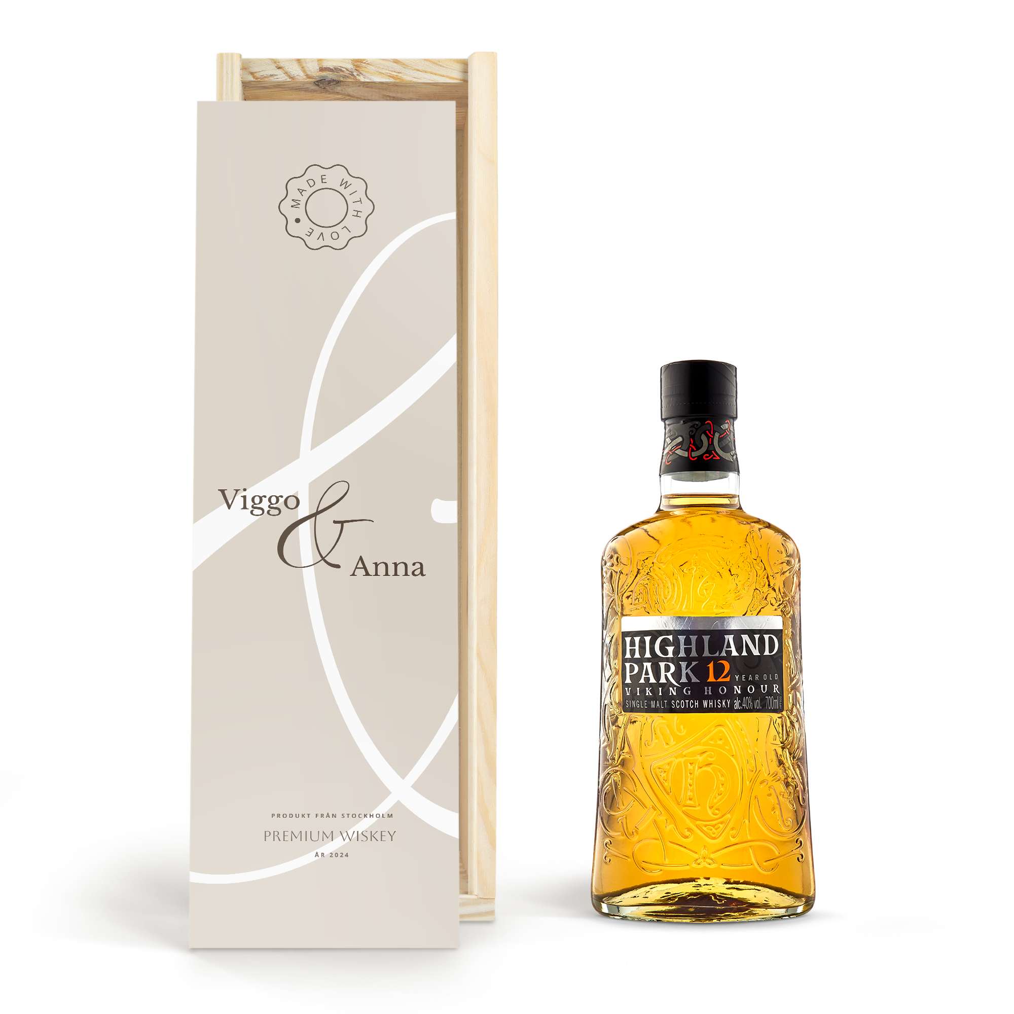 Highland Park 12 Years whisky i personlig träväska