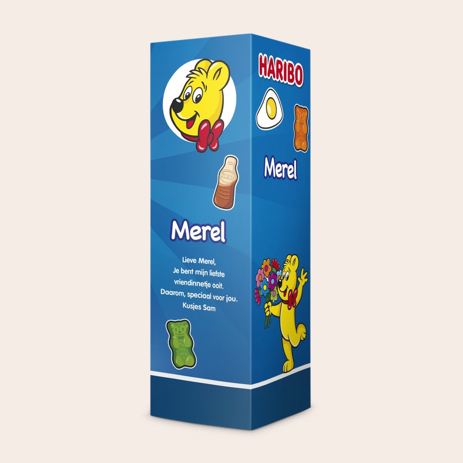 Haribo Cadeaupakket Gepersonaliseerd Haribo cadeaupakket, bedrukt met de naam Merel en tekst.