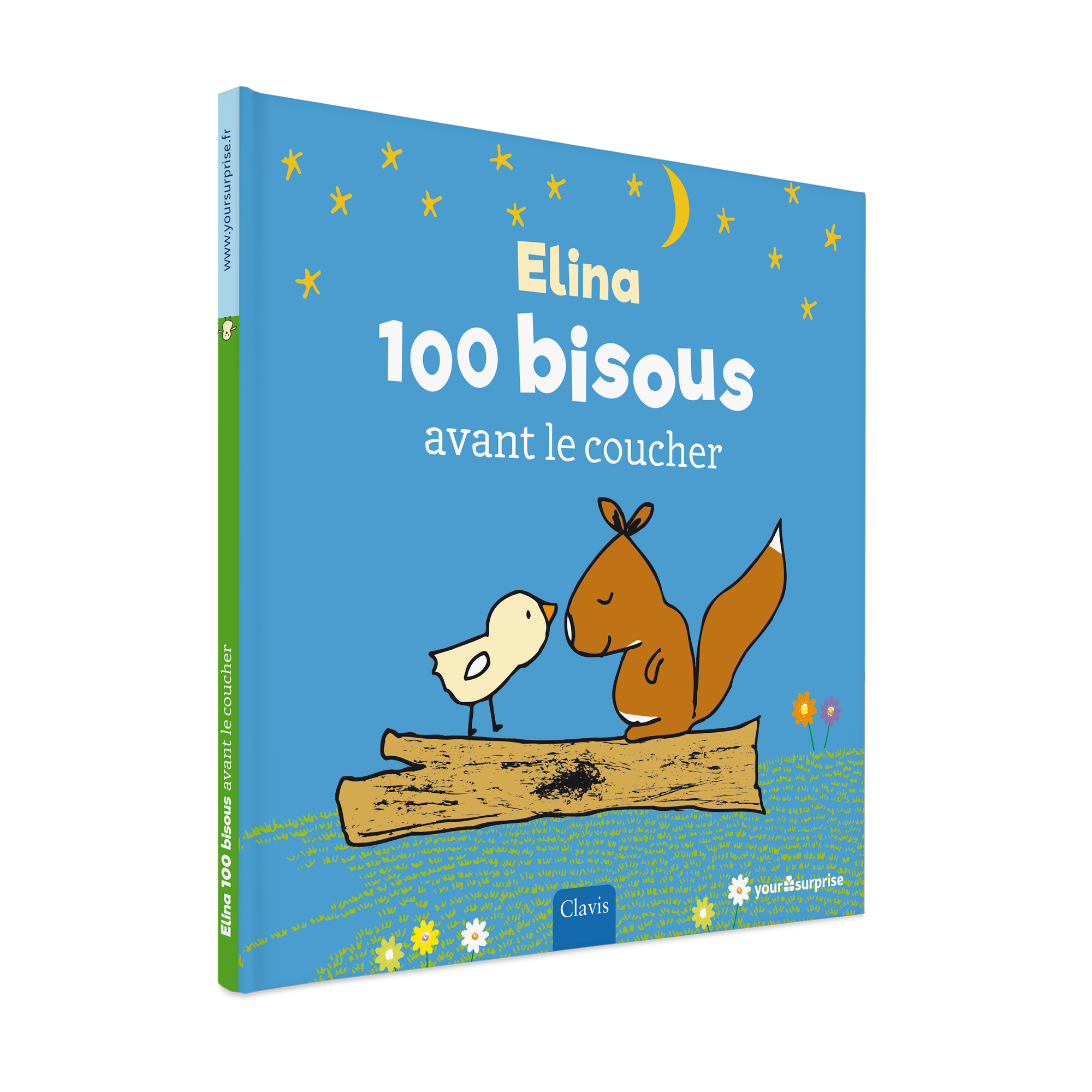 Livre personnalisé Bonne nuit Elina 100 bisous avant le coucher avec poussin et écureuil