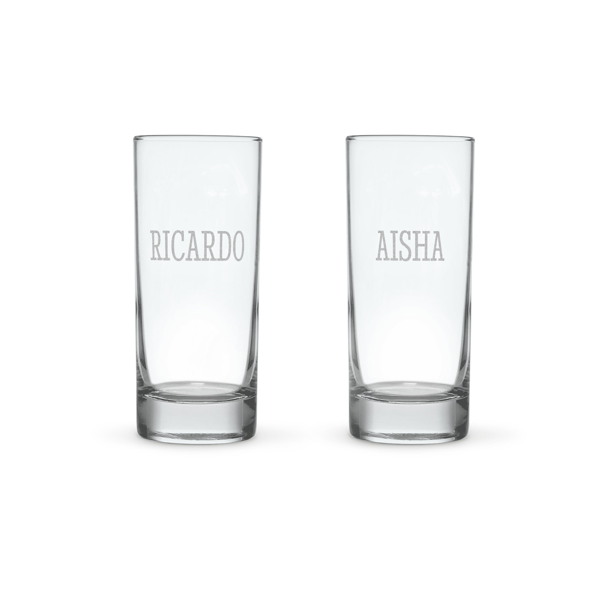 Dva kozarca za highball z graviranima imenoma Ricardo in Aisha, zabaven personaliziran kozarec.