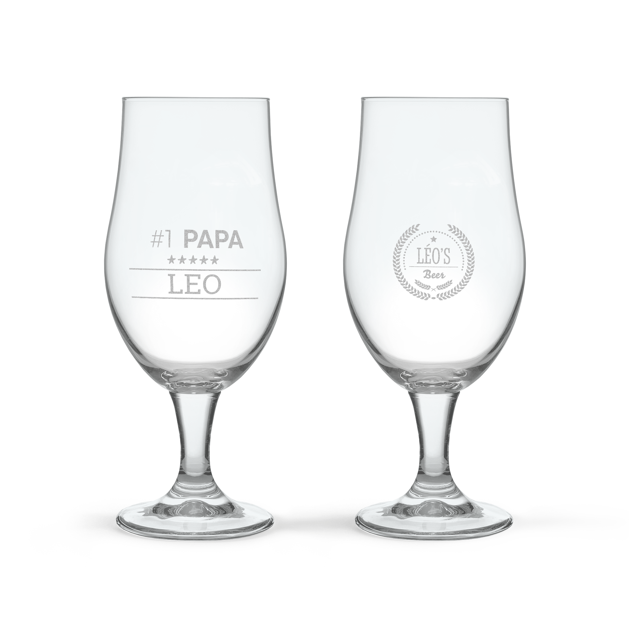 Chope de bière personnalisée avec le texte gravé #1 PAPA LEO et une chope Leo's Beer entourée d'une couronne de laurier.