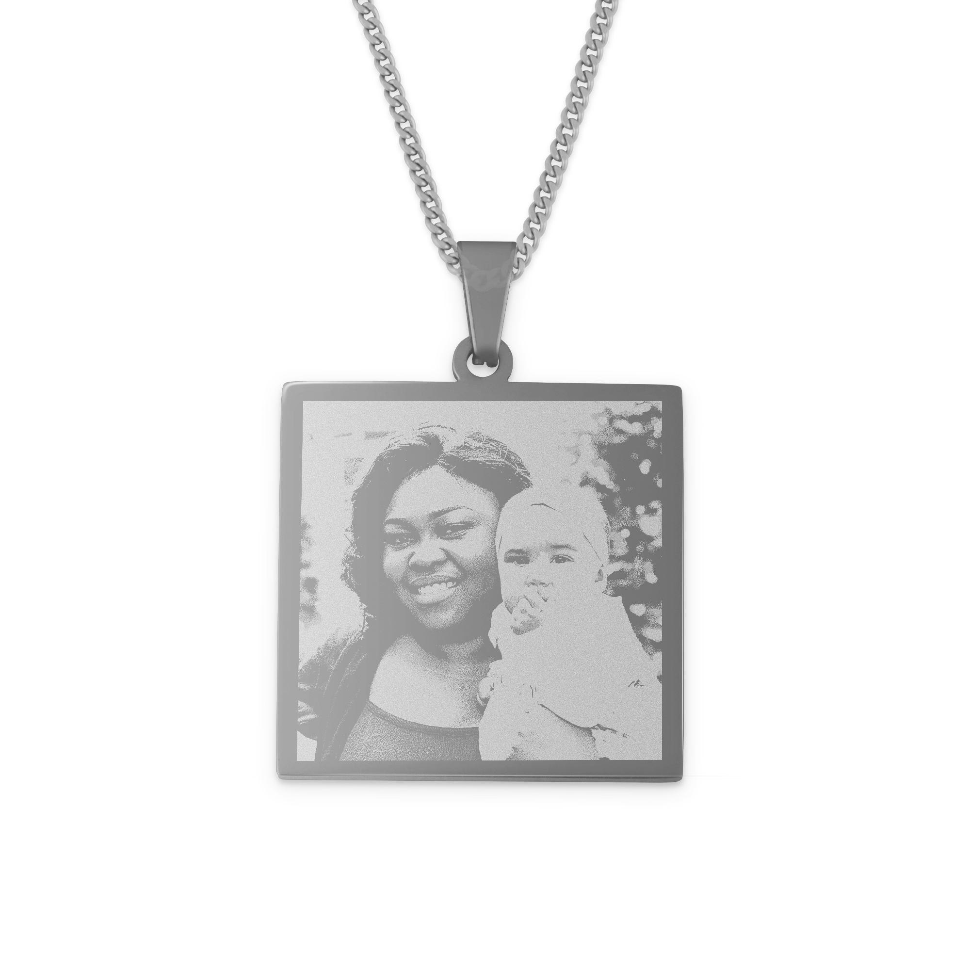 Pendentif carré en argent gravé avec votre photo dune femme et un enfant, avec chaîne