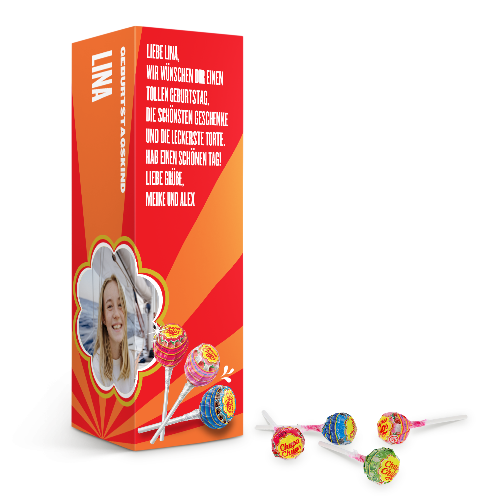 Personalisierte Chupa Chups-Geschenkbox mit einem lachenden Mädchenfoto und der Botschaft "Liebe Lina" für süße Erinnerungen.