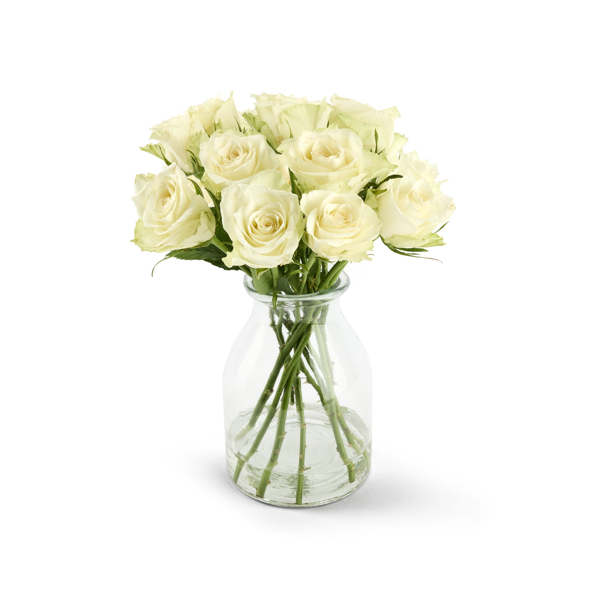 Briefkastenblumen mit personalisierter Karte Weiße Rosen in Glasvase