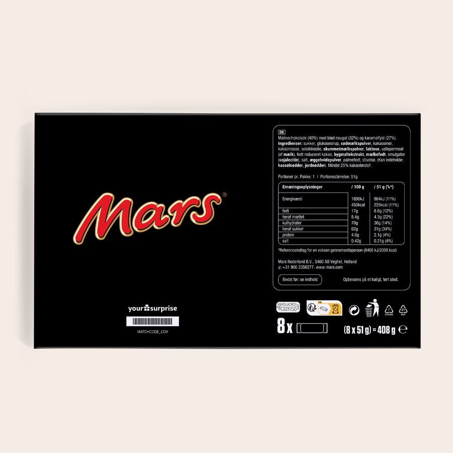 Mars chokoladegave med navn og billede Mars chokolader i gaveæske med navn og billede, trykt med fuldfarvefoto og personlig hilsen.