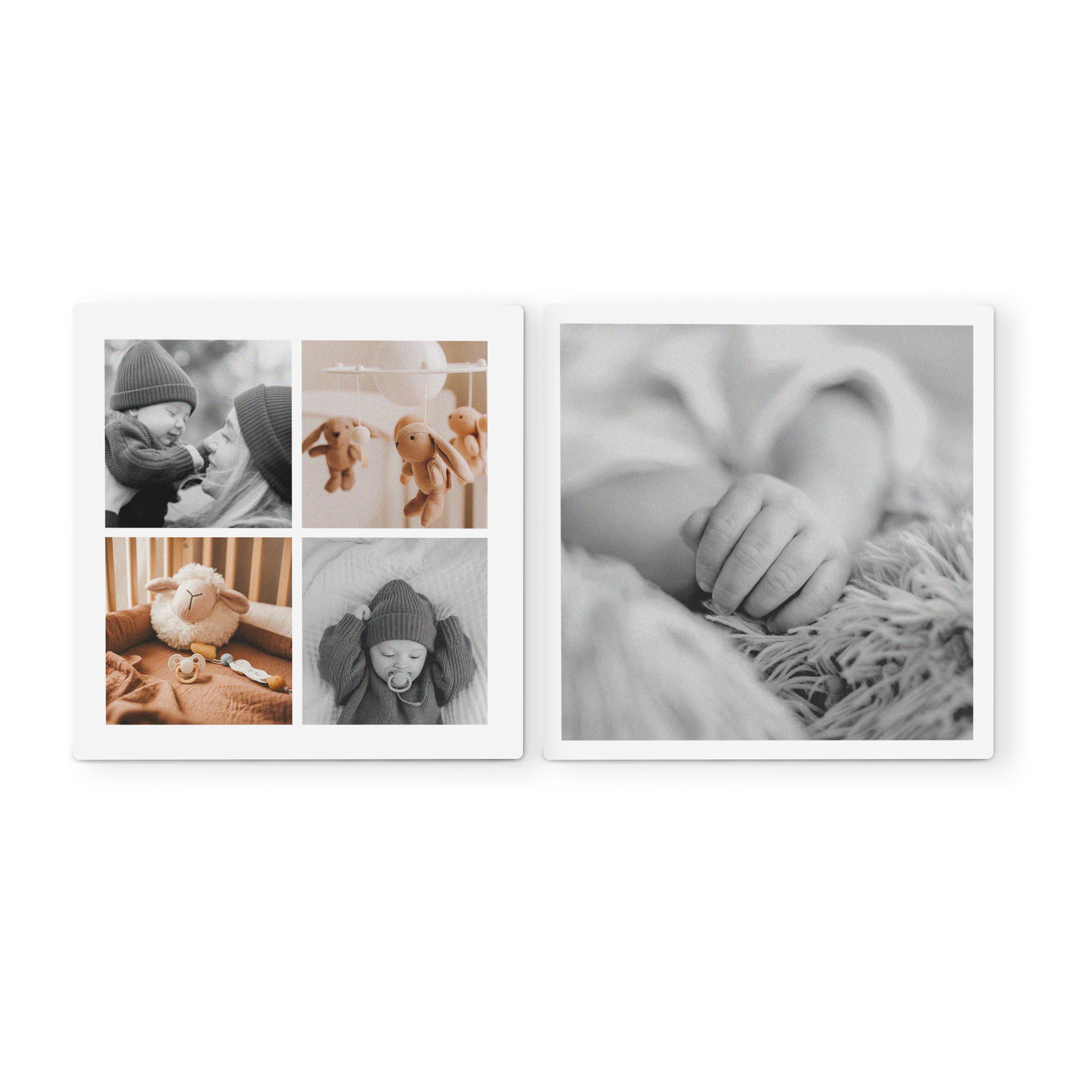 Forex-Wandbilder mit Babyfotos, ein personalisiertes Motiv zeigt Babyhände, ein anderes vier kleine Fotos