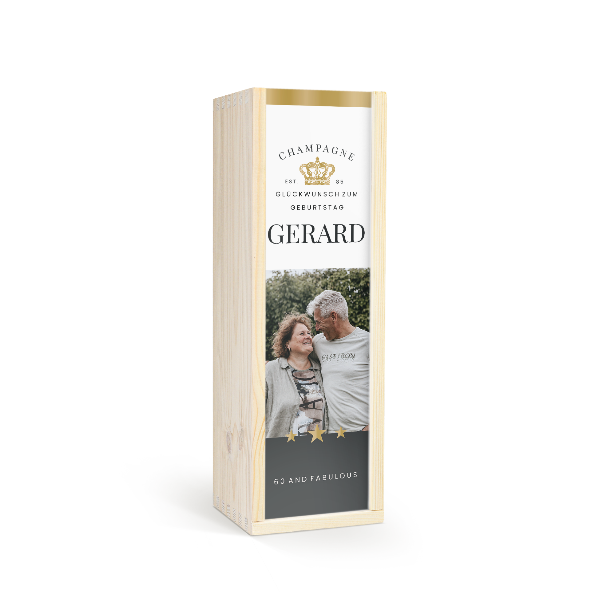 Luxuriöse Vintense Blanc Holzkiste mit Ihrem persönlichen Fotodruck und dem Namen Gerard als einzigartiges Weingeschenk