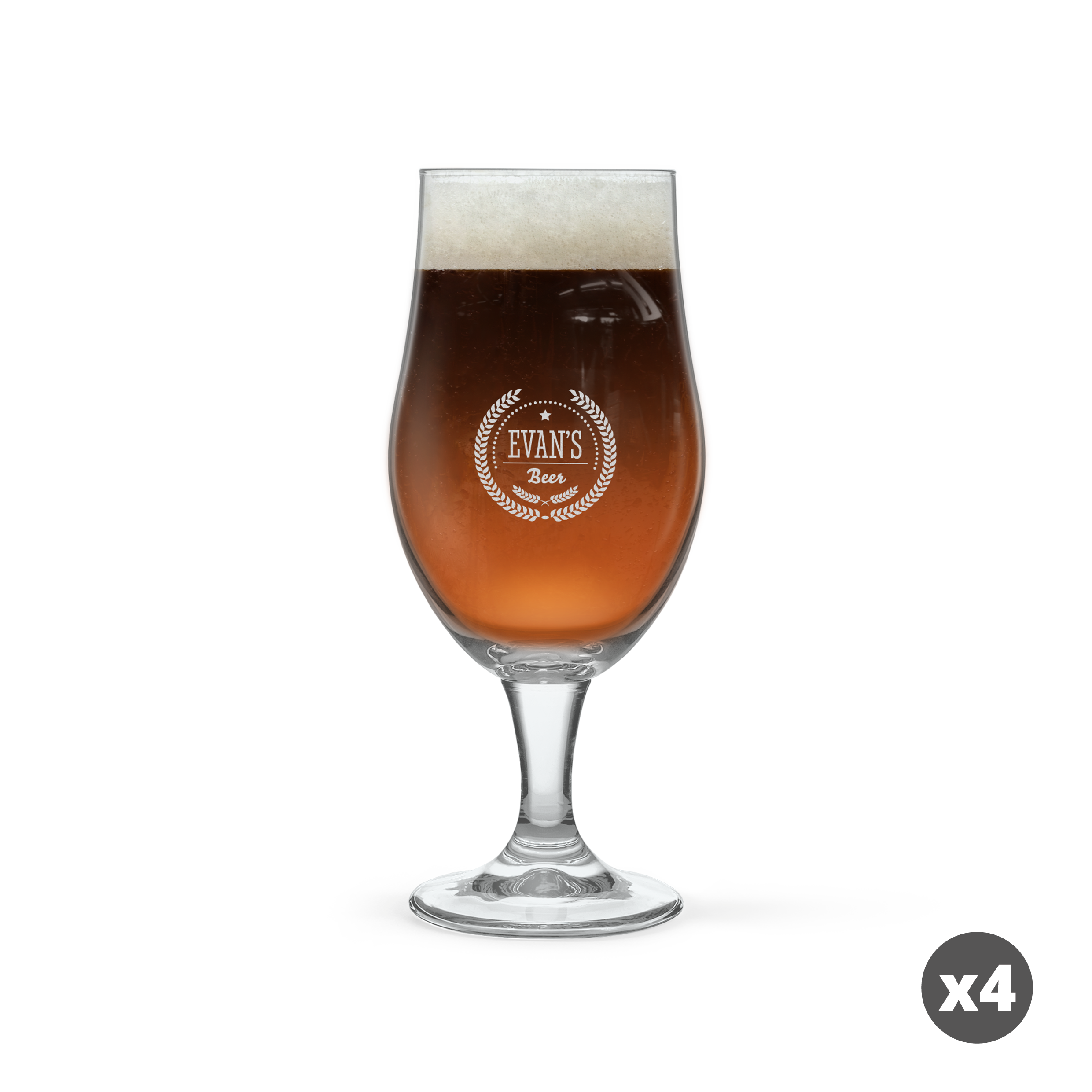 Pahar de bere artizanală plin cu bere, gravat cu numele "EVAN'S" și textul "Beer" în două aranjamente circulare, pentru a surprindeți-i pe cei dragi