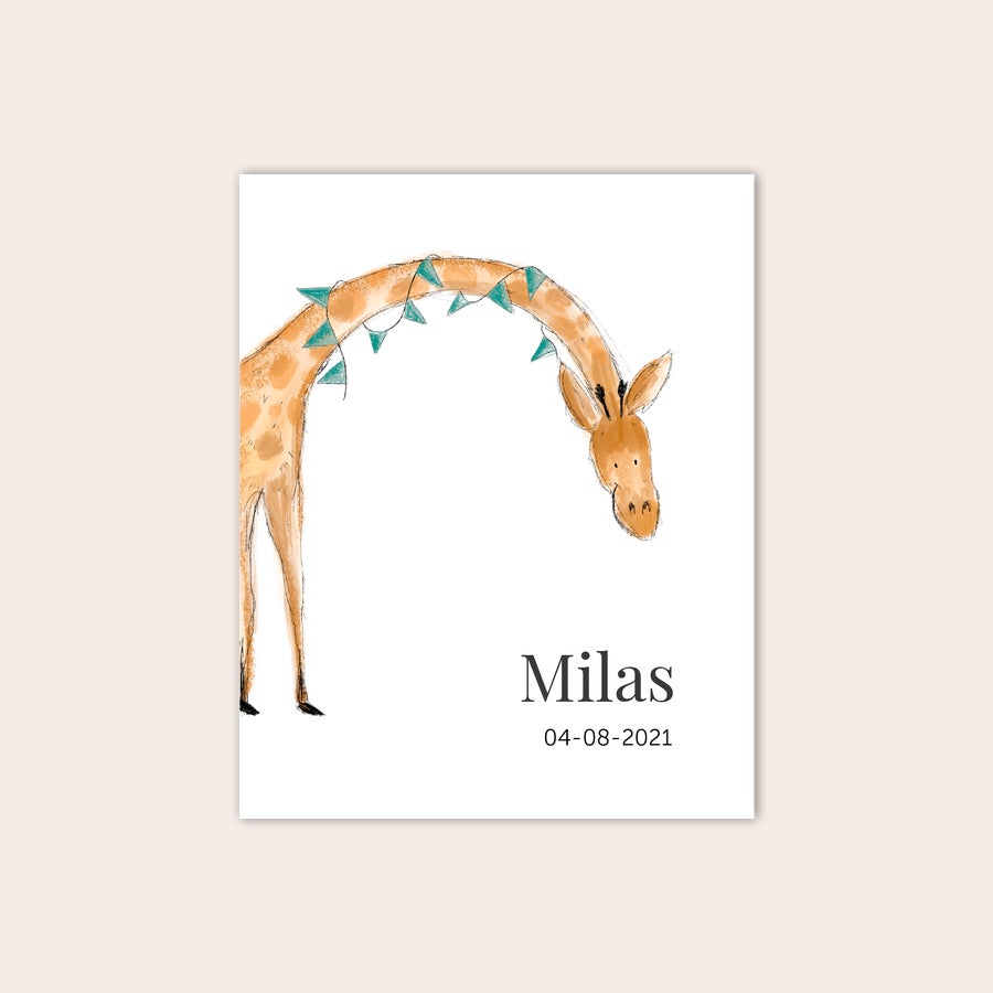 Fødselsplakat Personaliseret babyplakat med en giraf trykt med navnet "Milas" og datoen "04-08-2021"