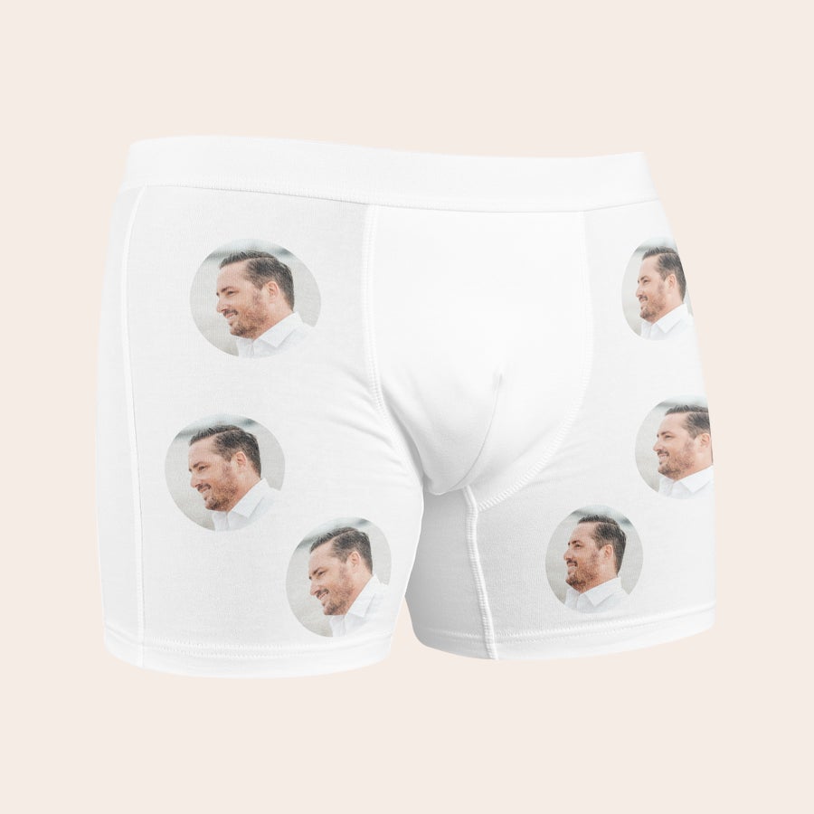 Boxer personalizzati Biancheria intima bianca da uomo, personalizzata con stampa ripetuta di una foto sorridente su tutti i lati