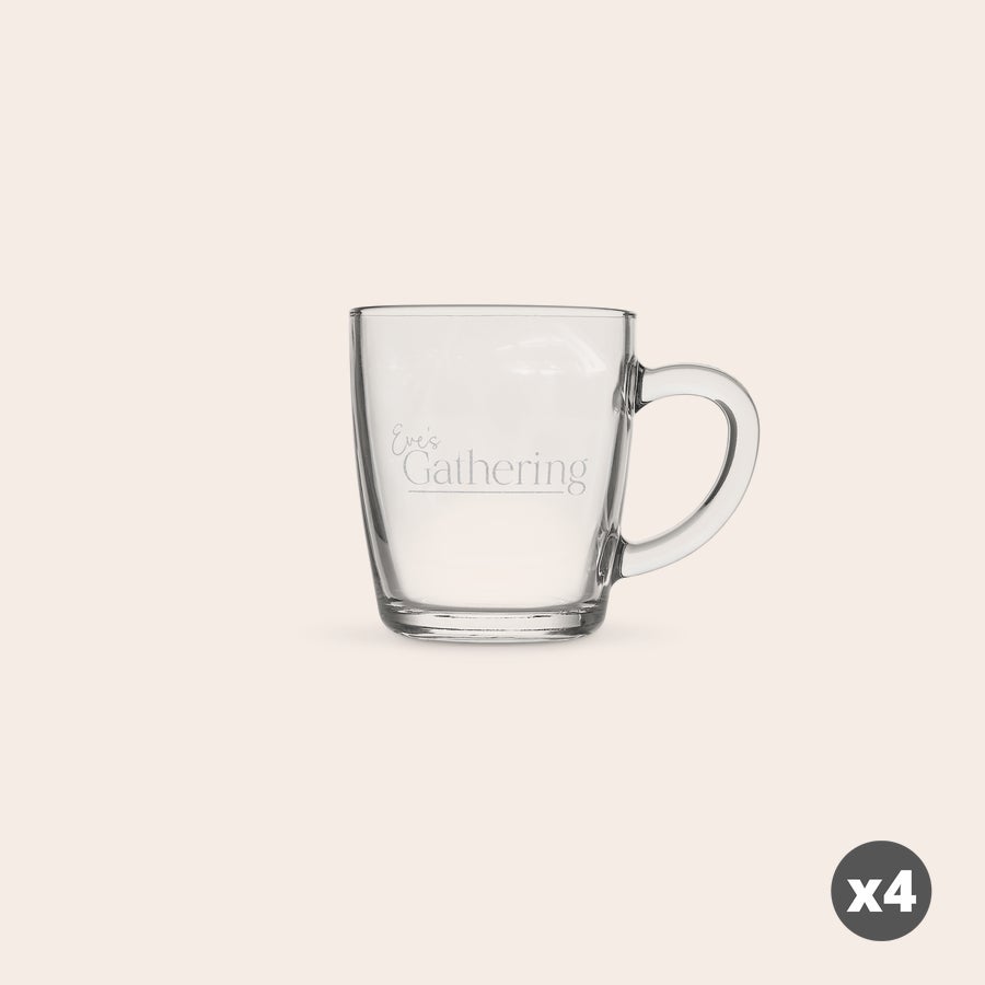 Engraved Glass Mugs Clear glass mug engraved with the custom text Eves Gathering.