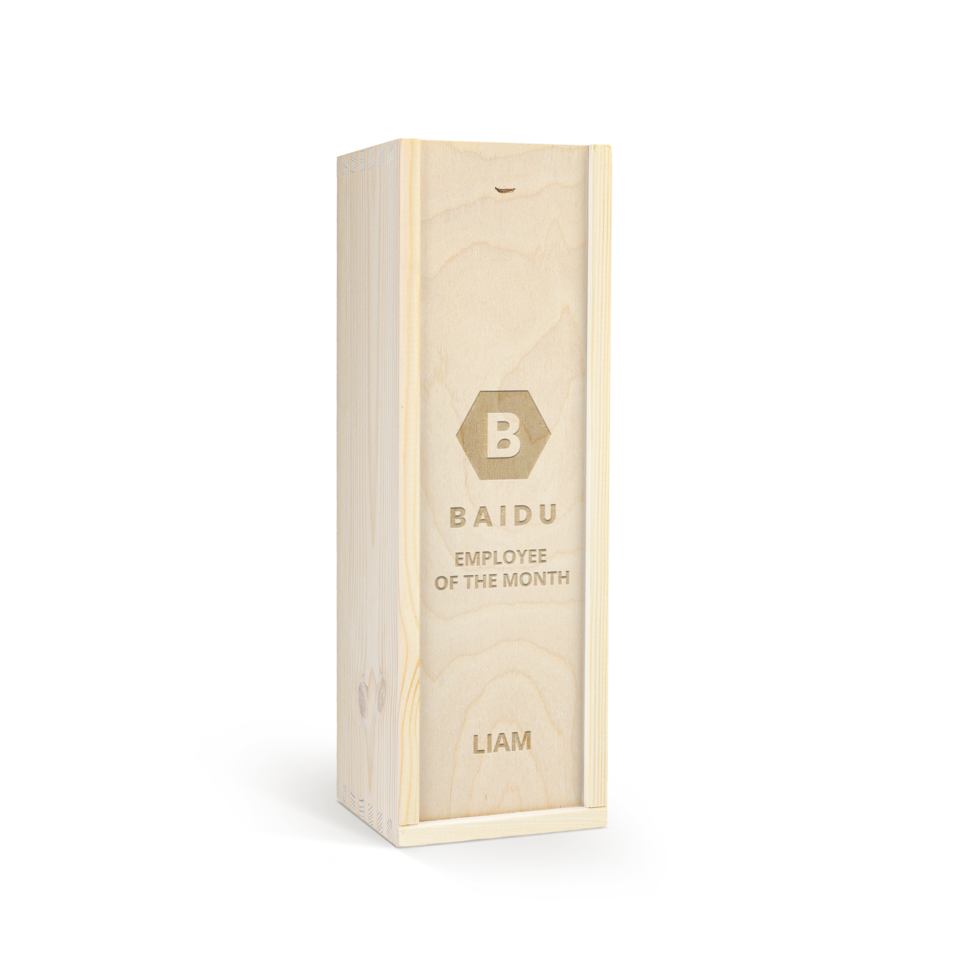 Jack Daniels whisky bottle in a light wooden case, custom engraved with the text "BAIDU EMPLOYEE OF THE MONTH LIAM"