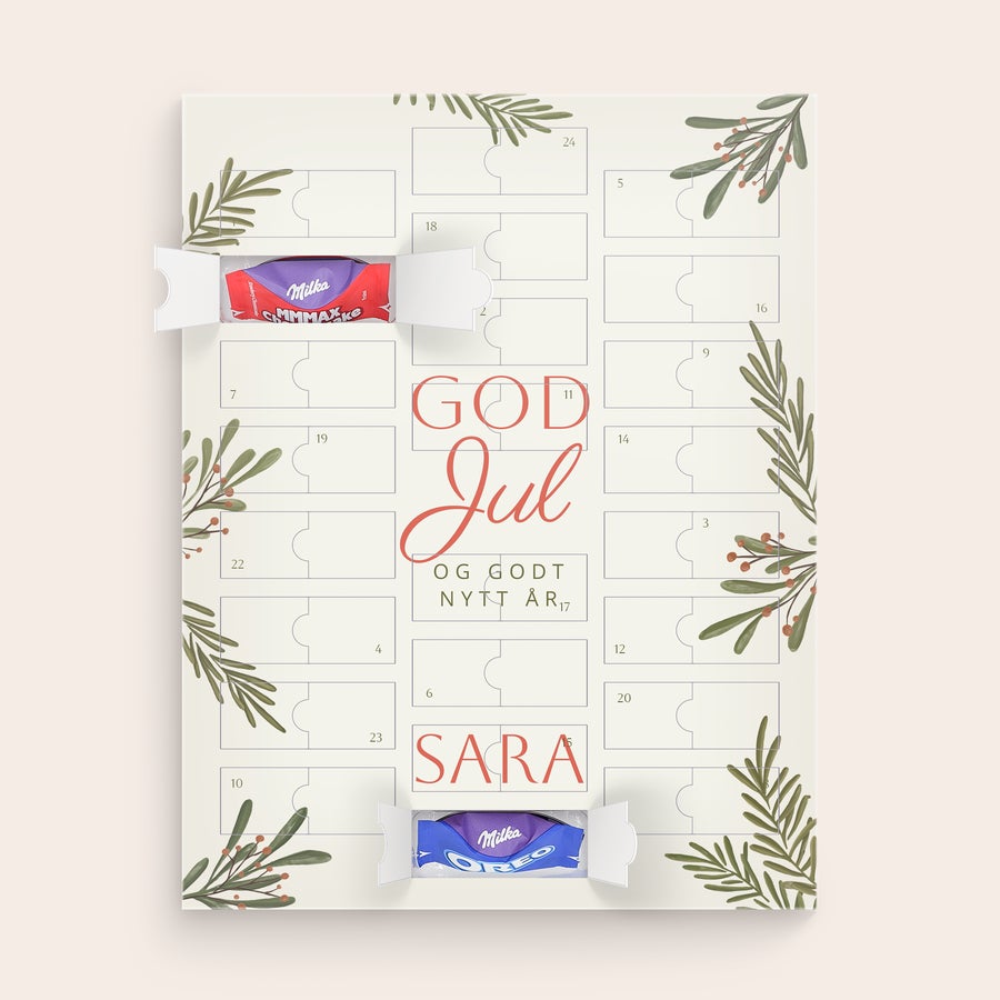 Adventskalender med bilde - Milka Favourites Personlig adventskalender med Milka-sjokolade, trykt med God Jul, Godt Nyttår og navnet Sara.