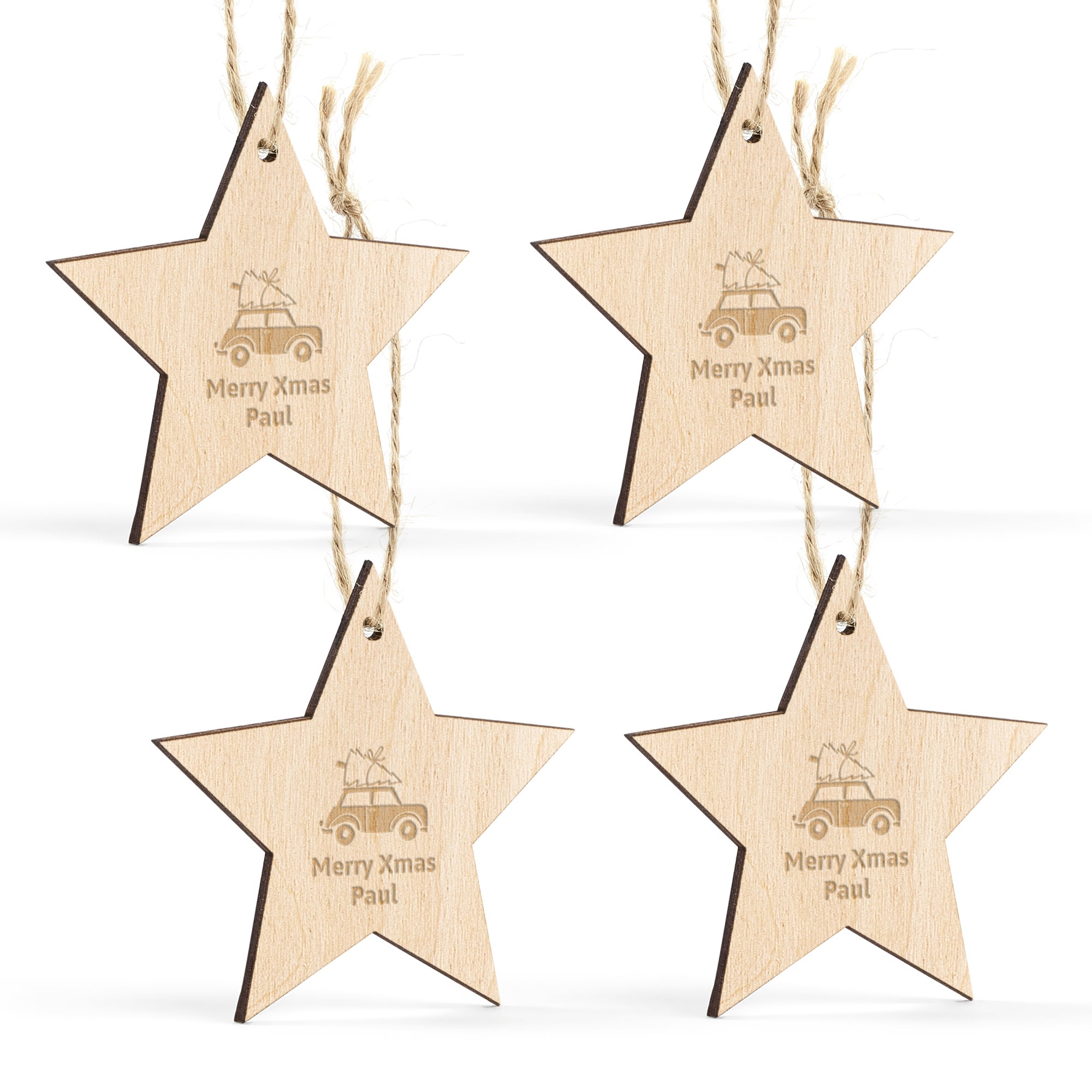 Personalised Christmas decorations - Wood - Engraved - Star - 4 pcs