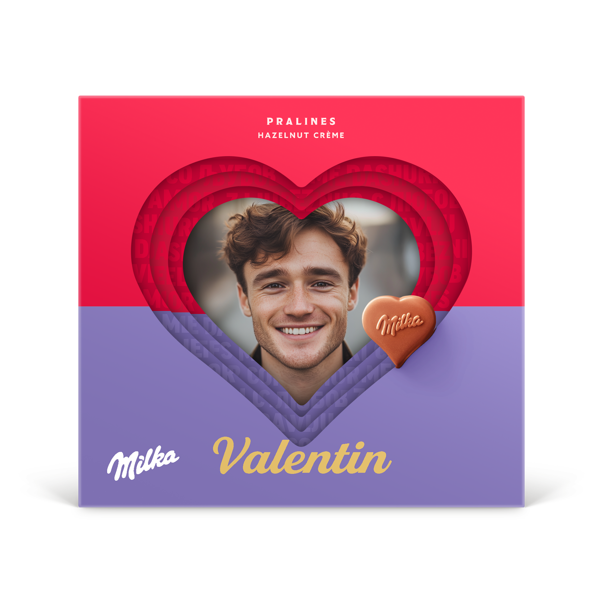 Coffret cadeau personnalisé Cœurs Milka 3D avec photo et prénom Valentin imprimés
