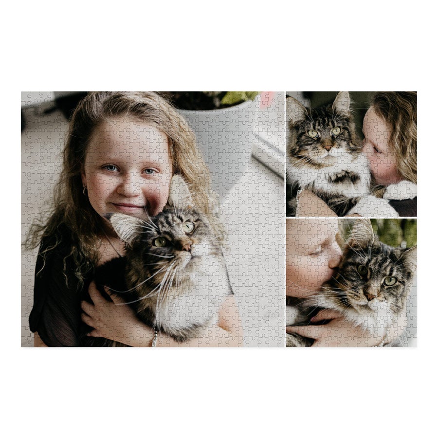 Puzzle con foto o texto Puzzle original personalizado con fotos de una niña abrazando un gato.