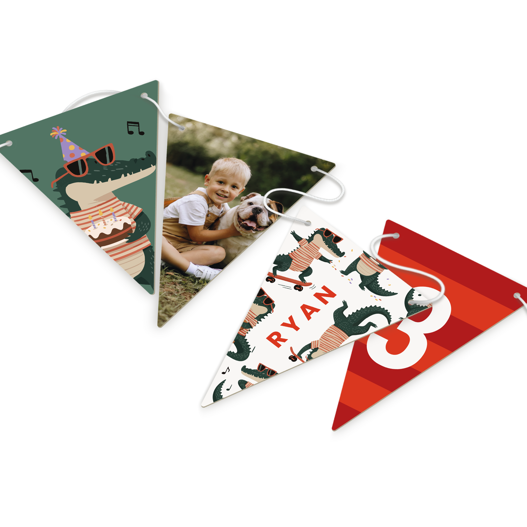 Personalised garland - Triangle - M - 5m with custom printed photos, the name RYAN, and the number 3