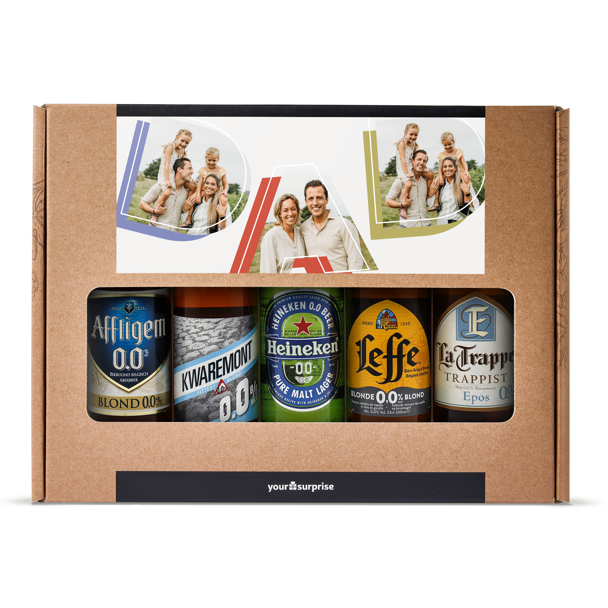 Cofanetto regalo personalizzato con foto per birre analcoliche, stampato con foto di famiglia e parola PAPÀ