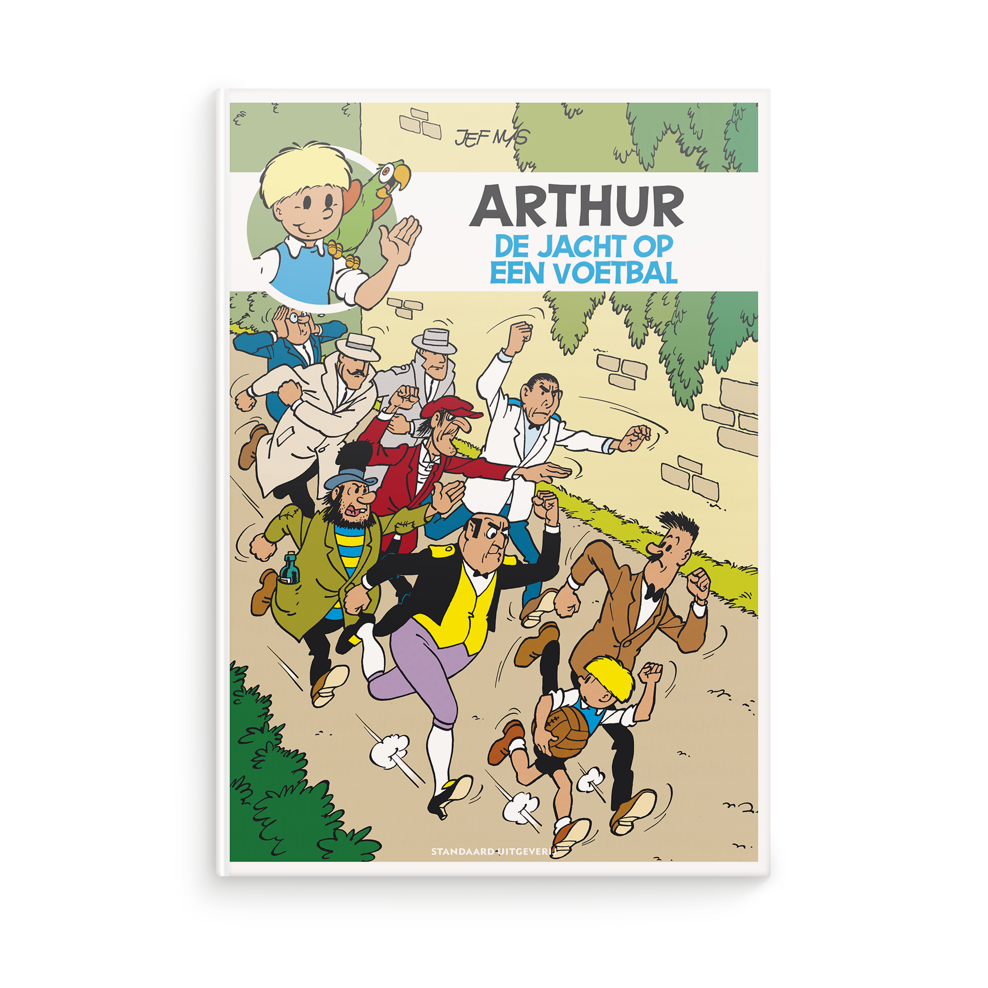 Persoonlijk stripboek Jommeke De jacht op een voetbal hardcover met gepersonaliseerde naam bovenaan de cover en foto van de ontvanger als Arthur