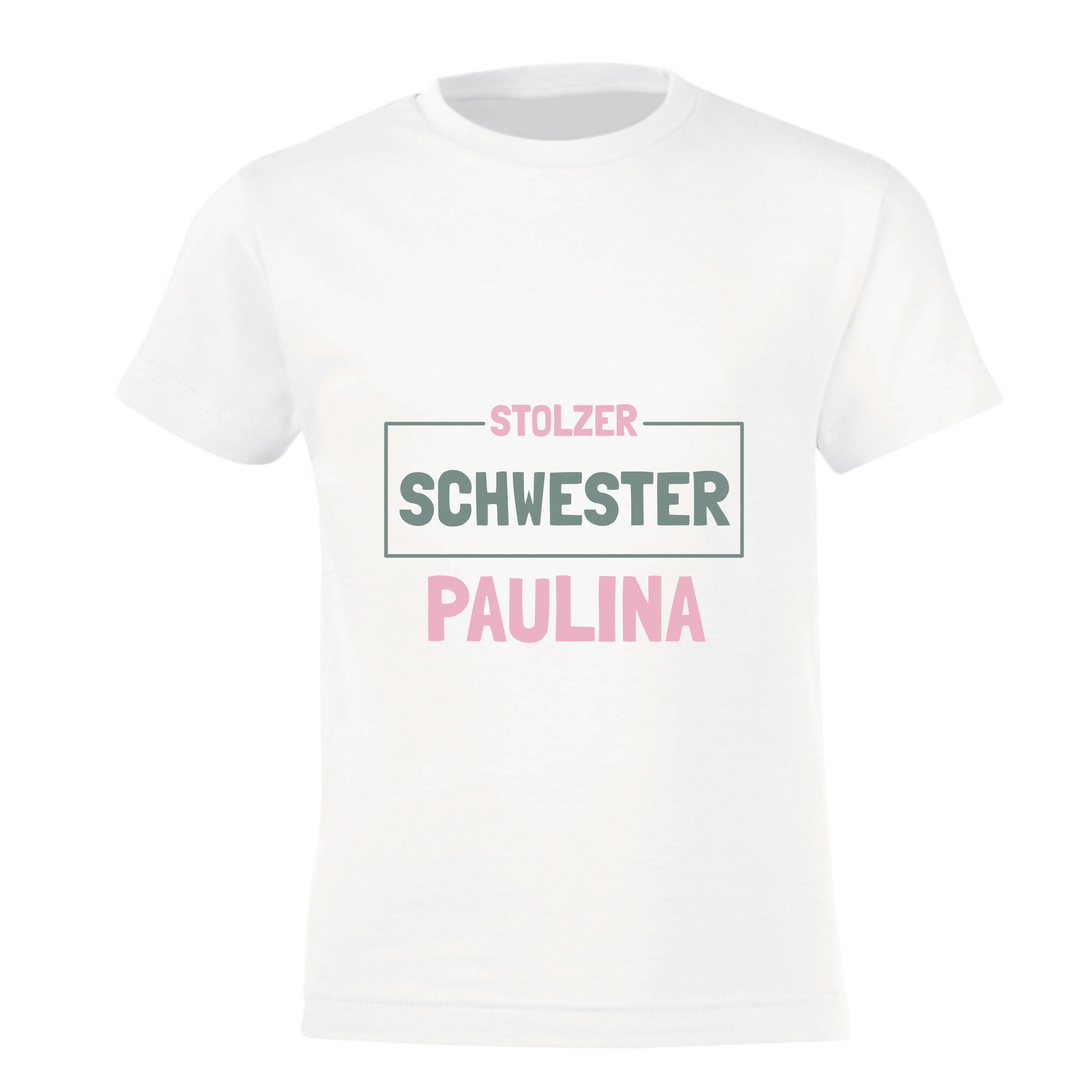 Weisses T-Shirt mit Aufdruck "STOLZER SCHWESTER PAULINA" zur Schwangerschaftsverkündung