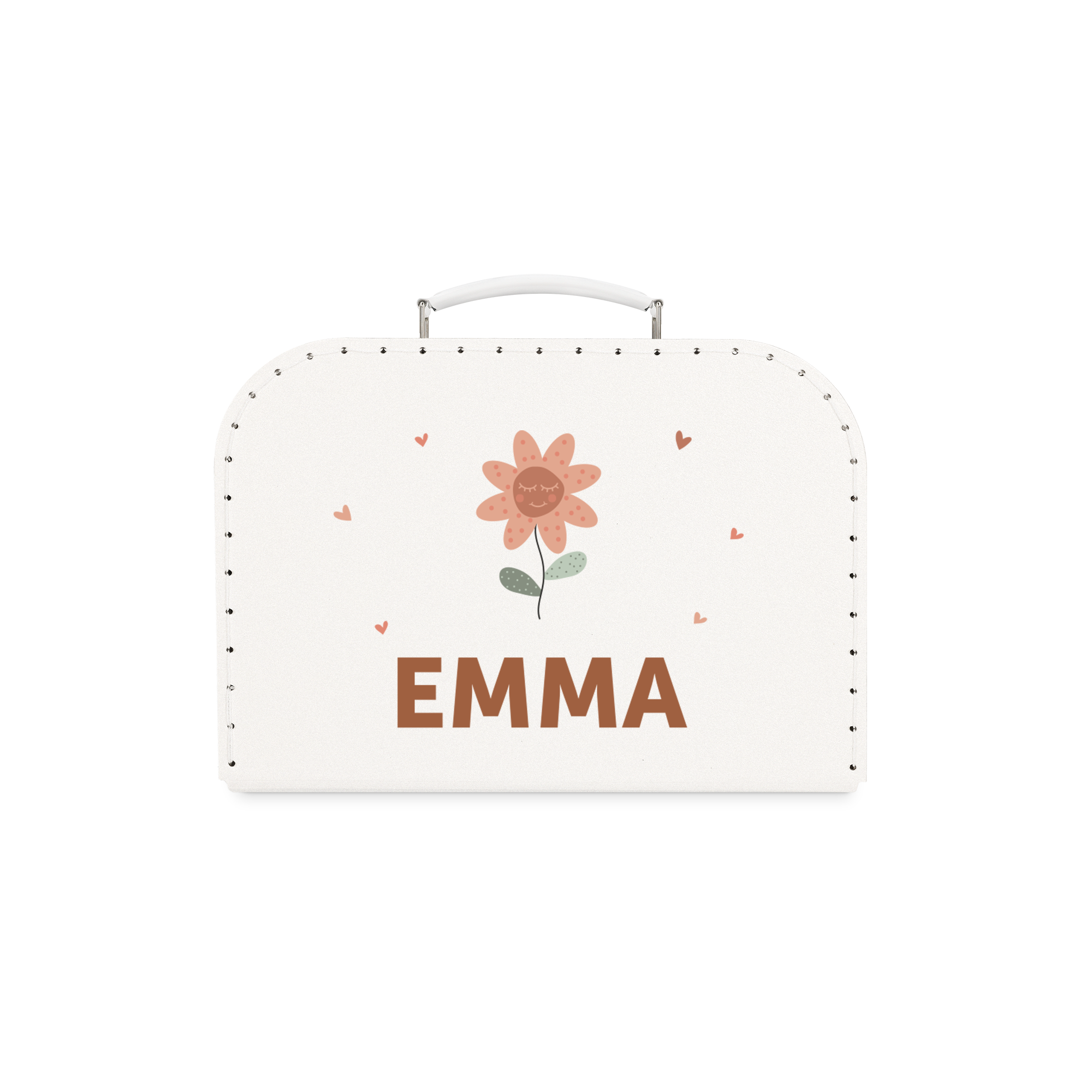 Witte bedrukte kinderkoffer met roze bloem, hartjes en de naam Emma, gepersonaliseerd met tekst.