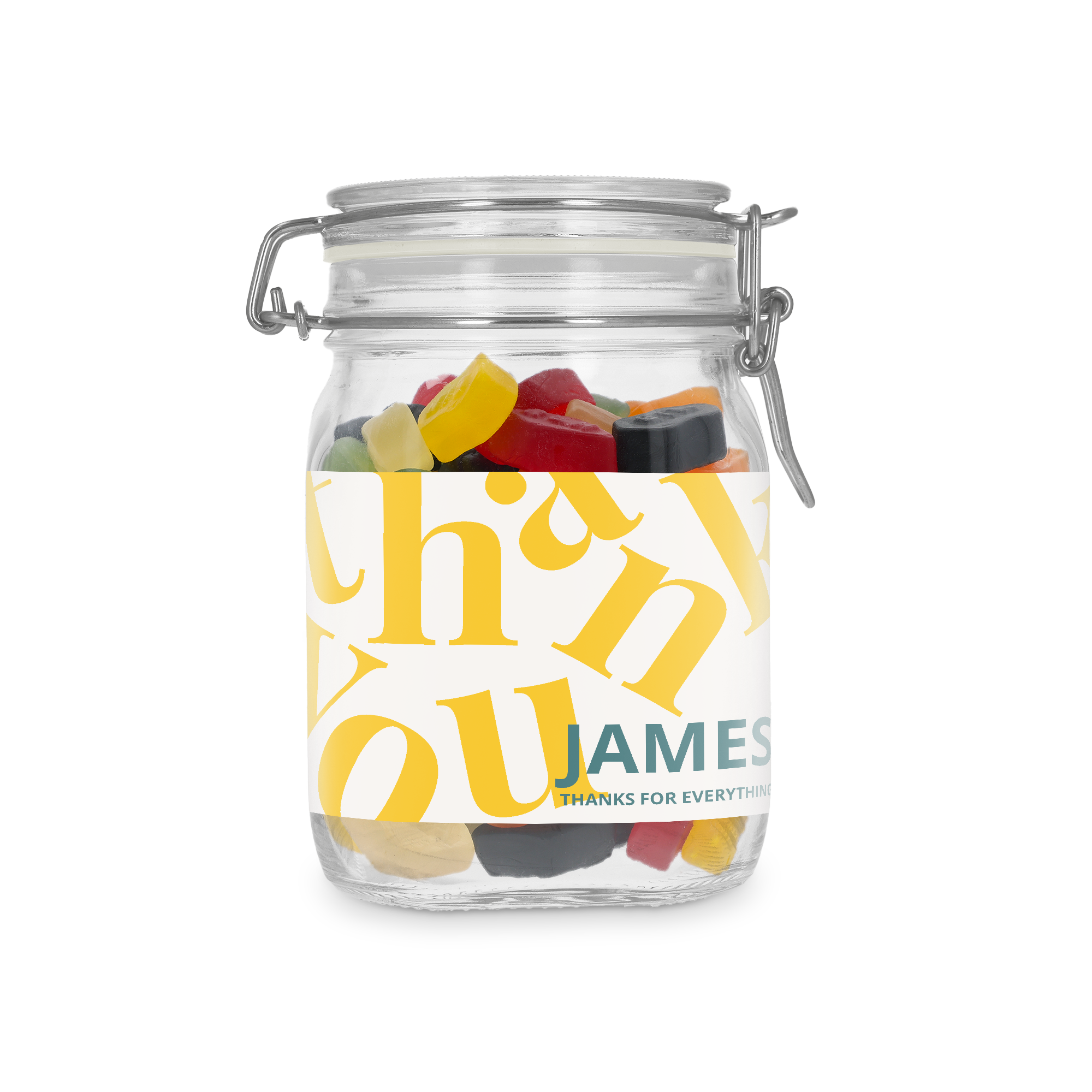 Tarro de dulces personalizado con gominolas de vino, etiqueta impresa con "Thank You James" y el mensaje "Thanks for everything".