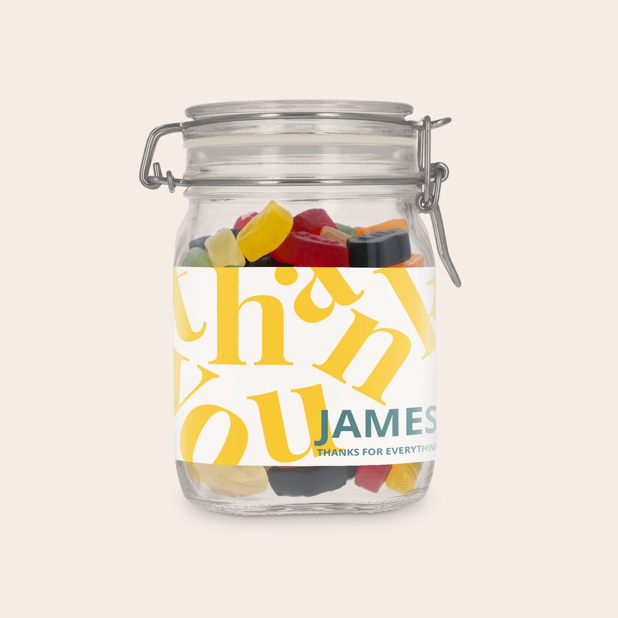 Spersonalizowany słój ze słodyczami Spersonalizowany słoik na słodycze z winegumami z nadrukowanym imieniem James i wiadomością Thanks for Everything
