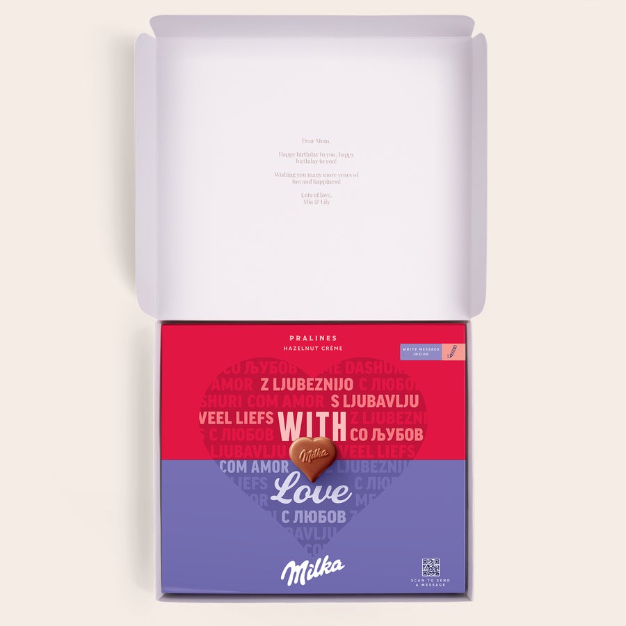Milka Pralinky Narodeniny Personalizovaná darčeková krabička Milka pre Všetko najlepšie s nápisom Dear Mum a Milka Love.