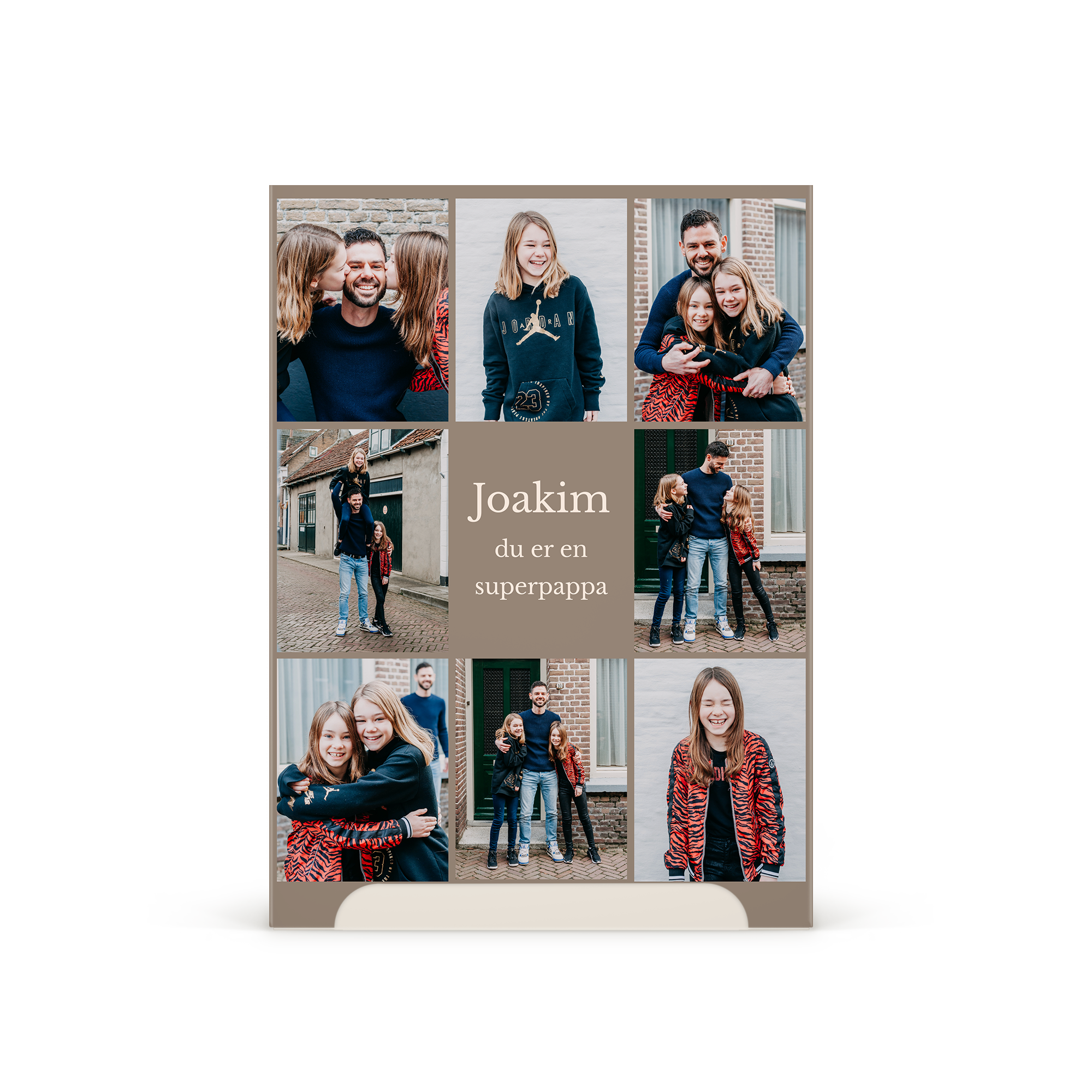 Personlig fotokollasje med bilder av en familie og trykt tekst Joakim du er en superpappa for en hjemmespa-opplevelse.