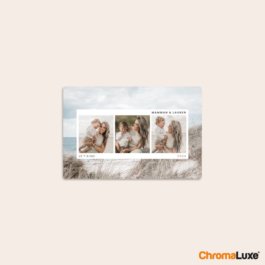 Impression photo sur aluminium Tableau photo en aluminium imprimé avec trois photos d'une mère et son enfant, et le texte "Maman & Lauren JE T'AIME 2024" pour immortaliser vos plus précieux souvenirs