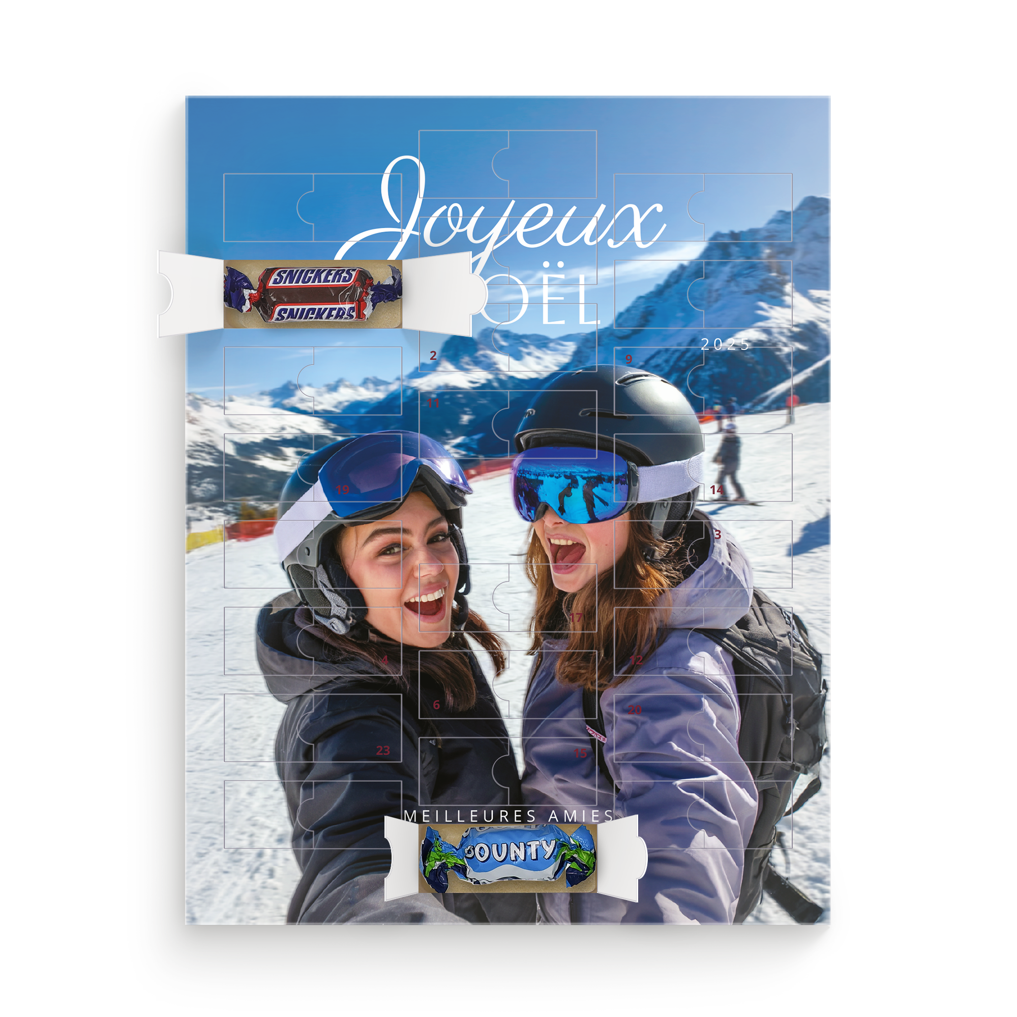 Calendrier de l'Avent personnalisé Mars Miniatures imprimé avec une photo de deux amies en vacances de ski, le texte "Joyeux Noël 2025" et "Meilleures Amies"