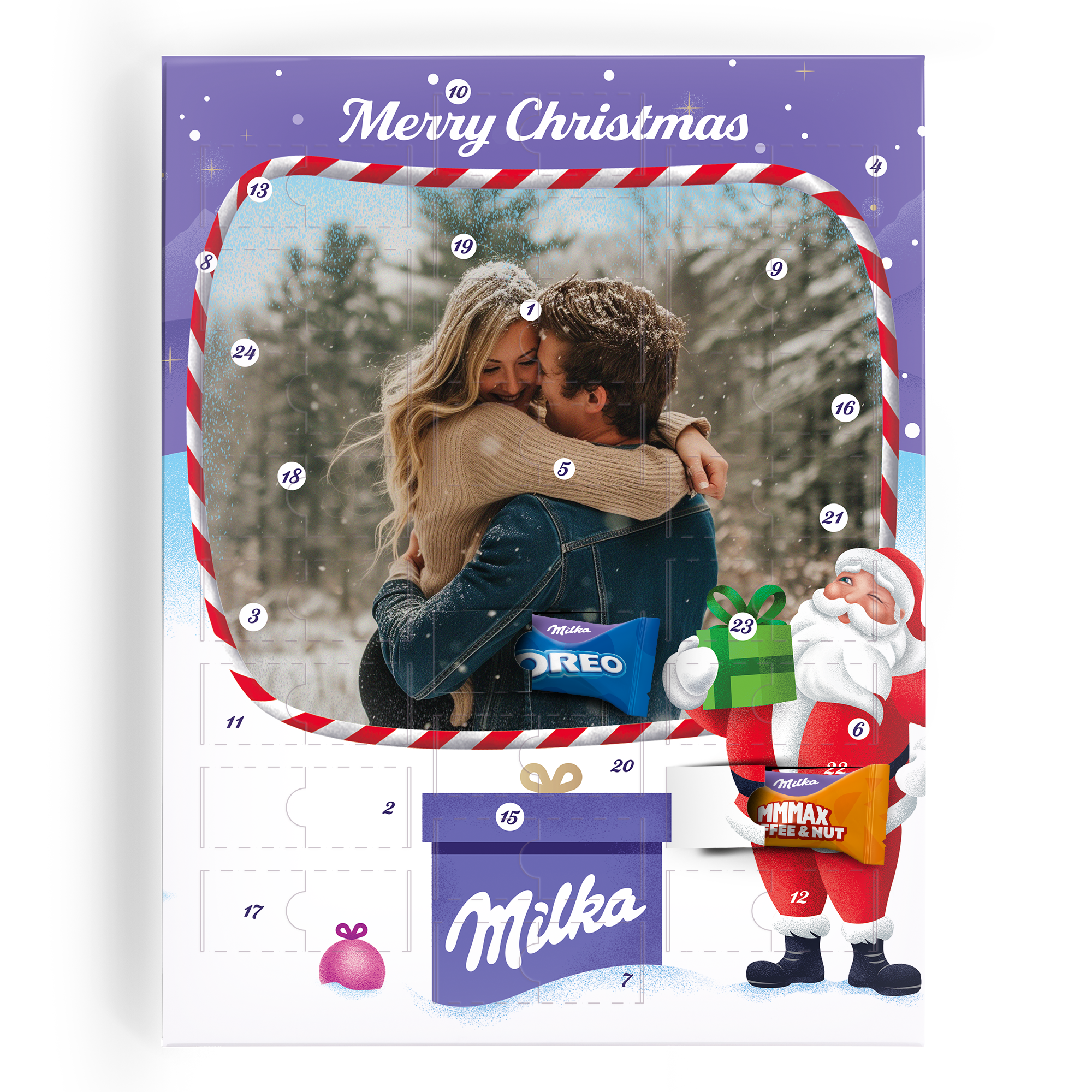 Personalisierter Adventskalender mit Weihnachtspaar-Foto, Milka-Pralinen und Weihnachtsmann für Zähl bis Weihnachten runter