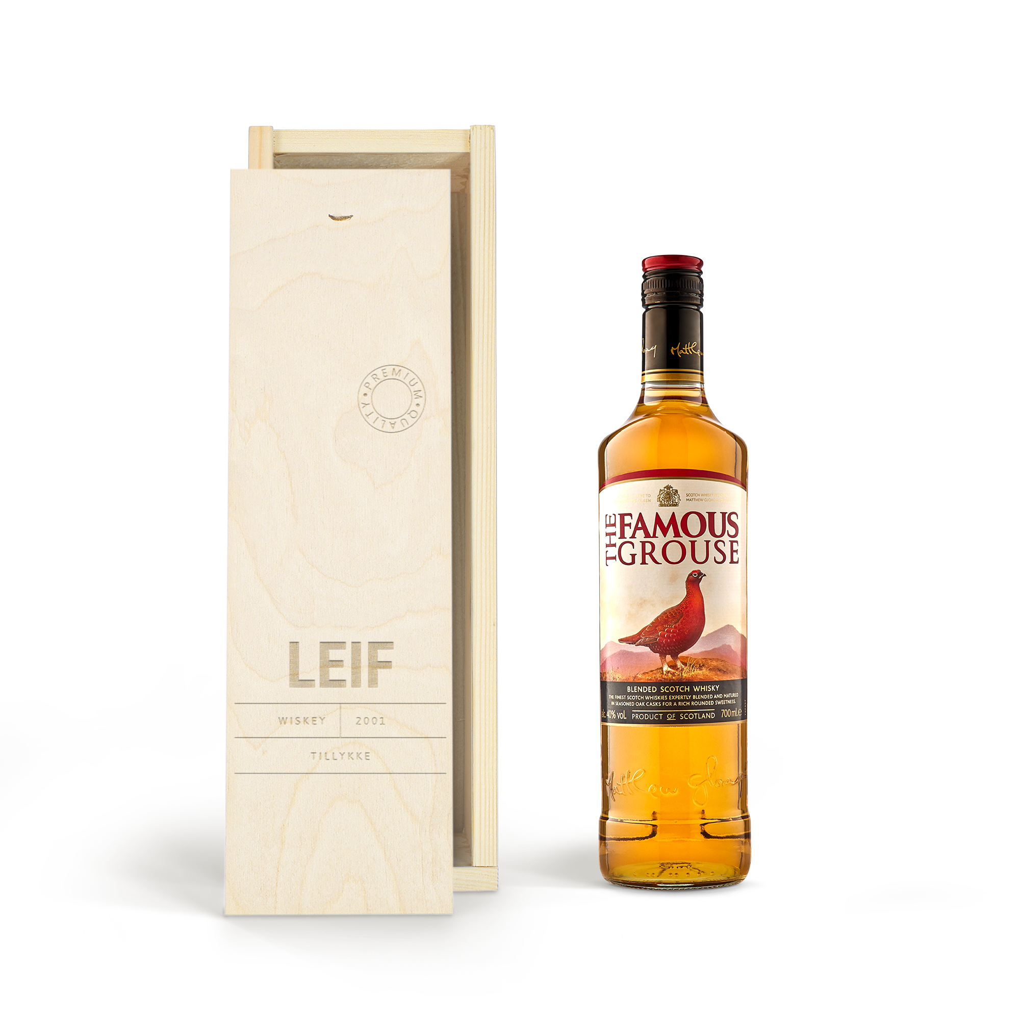 The Famous Grouse whisky i indgraveret trææske med navnet Leif og teksten Tillykke, perfekt til at overraske dem, du holder af.