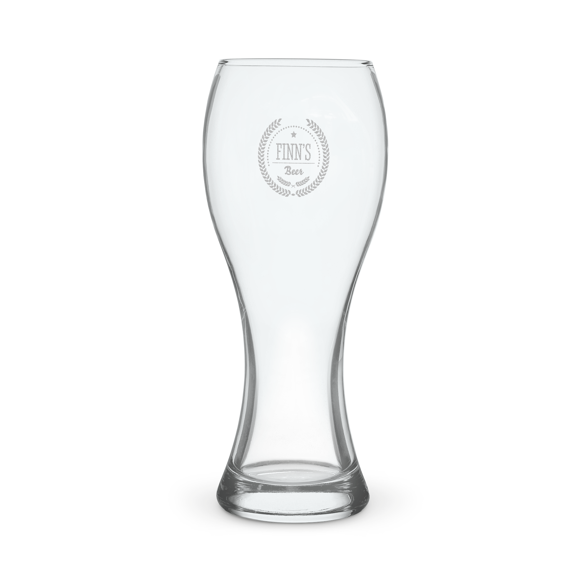 Graviertes Weizenbierglas mit dem Namen Finn's Beer und Lorbeerkranz zum Schenke dein Lieblingsbier in ein einzigartiges Weizenbierglas ein