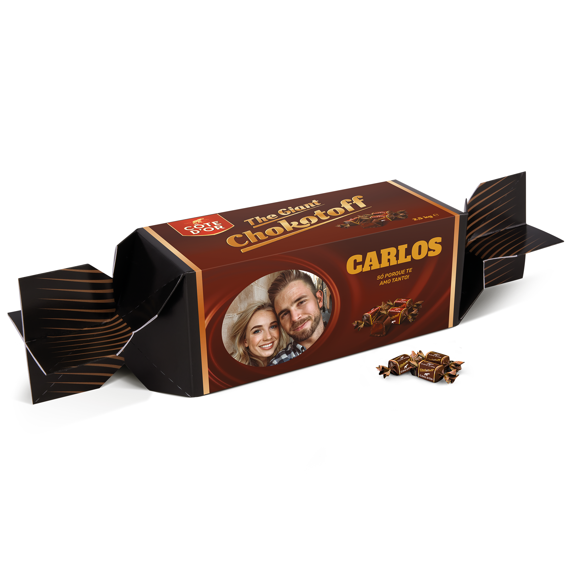 Toffee Chokotoff gigante personalizado com foto e o nome Carlos, perfeito para presentes especiais.