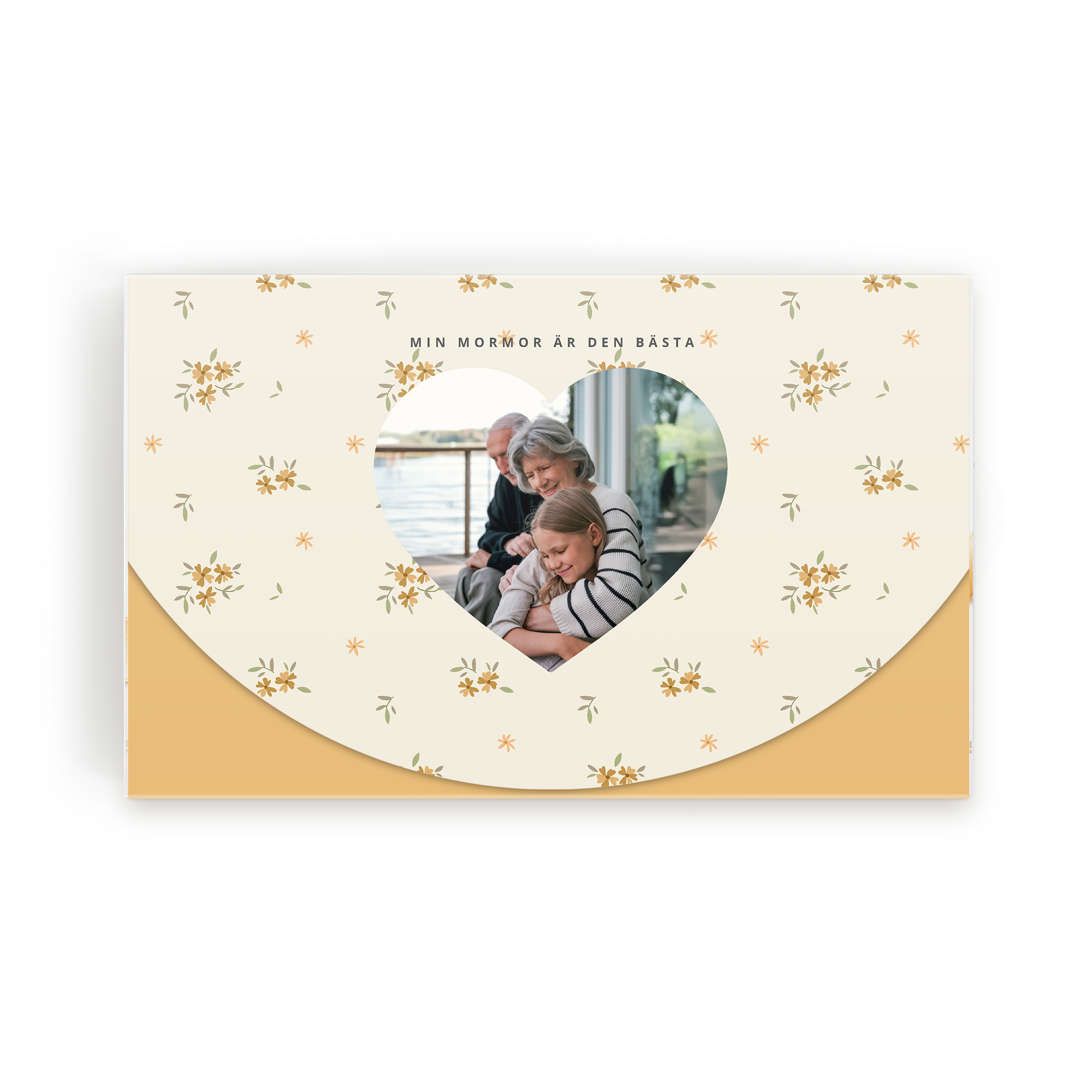 Personlig chokladask med foto av mormor och barnbarn, texten Min mormor är den bästa, designad med blommor på askens lock.