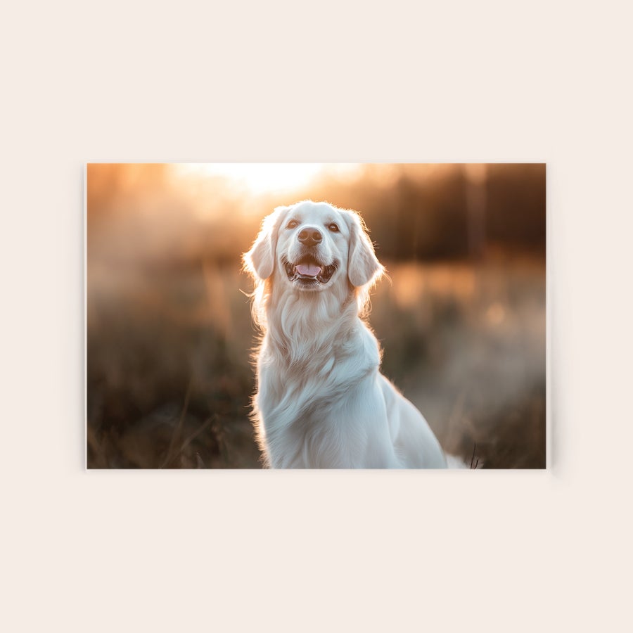 Foto auf Acrylglas Foto auf Acrylglas mit einem lächelnden Golden Retriever im Sonnenlicht, direkt auf das Acrylglas gedruckt