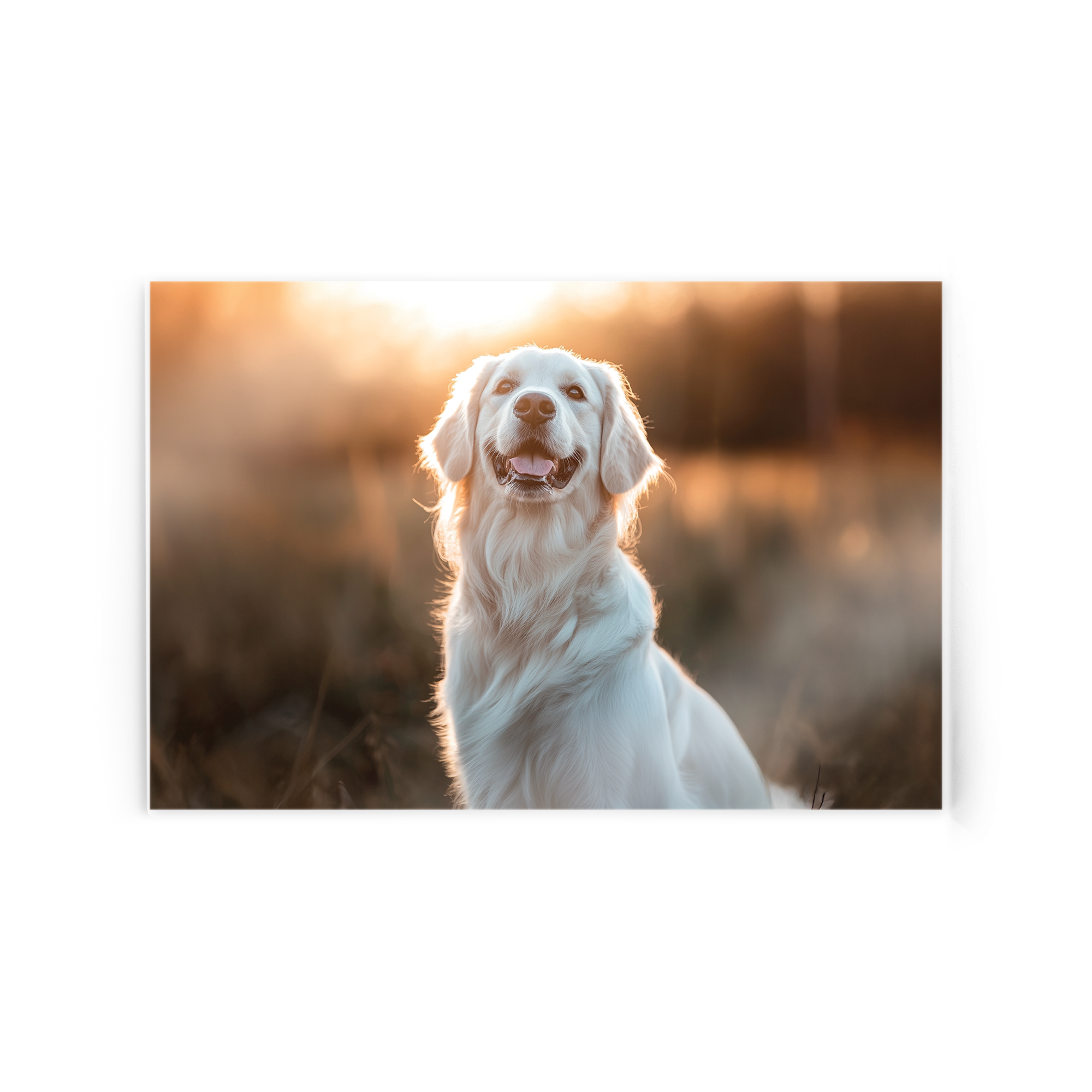 Foto op plexiglas van een blije golden retriever bij zonsondergang, gepersonaliseerd met jouw mooiste herinneringen.