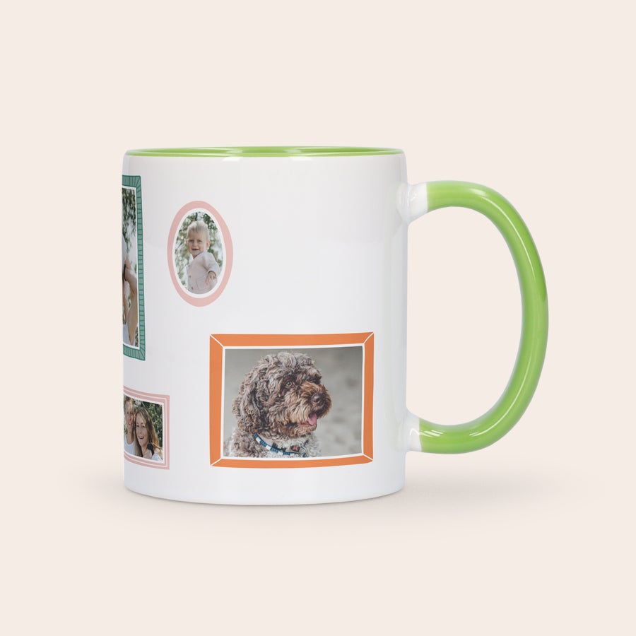 Mug personnalisé coloré Mug vert personnalisé avec anse et intérieur verts, imprimé de plusieurs photos.