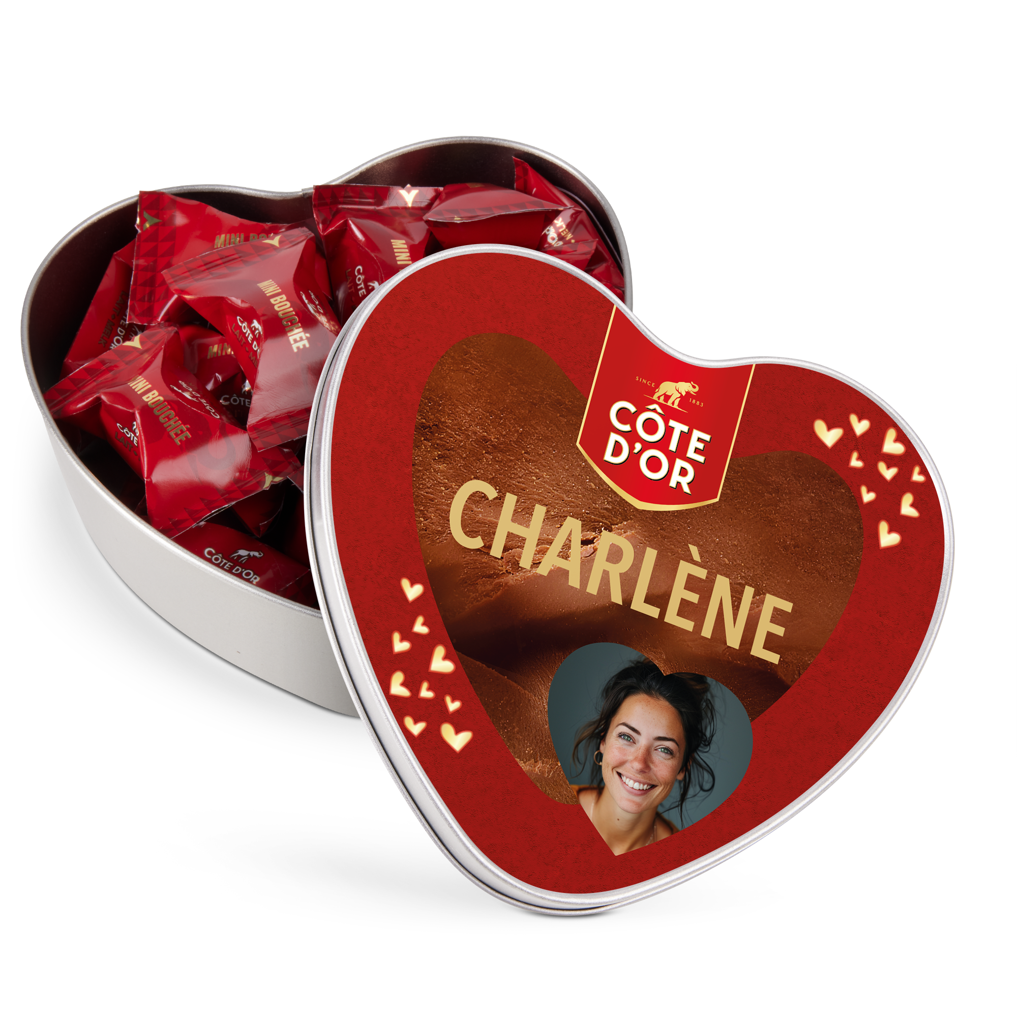 Boîte cadeau personnalisée - Coeur - Mini Bouchée remplie de chocolats, avec photo et le prénom Charlène imprimés sur le couvercle.