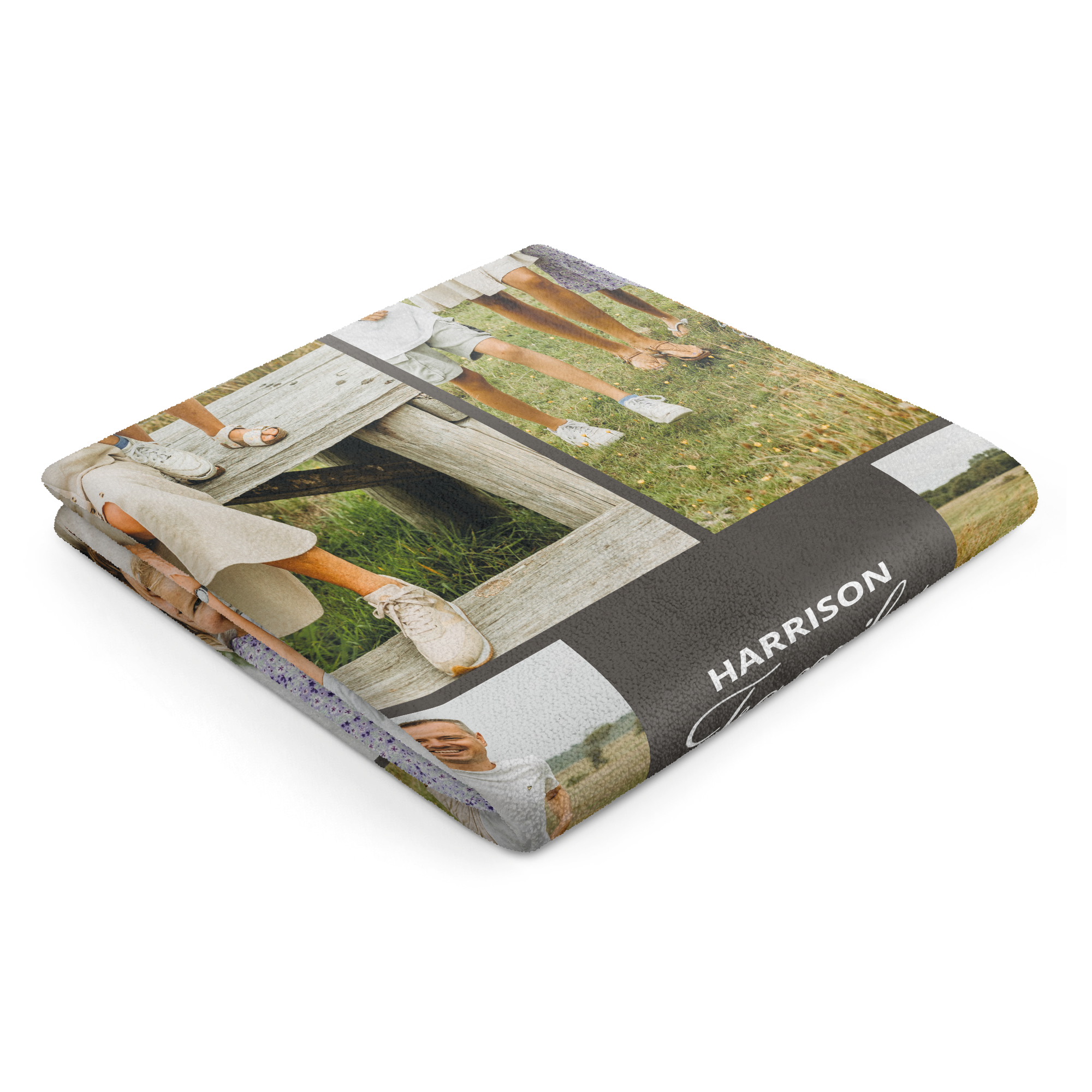 Prosop de plajă personalizat imprimat cu o colaj de fotografii și numele Harrison