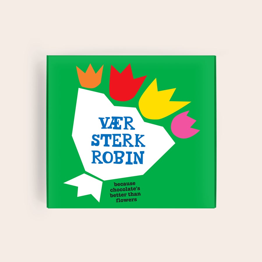 Tony's Chocolonely gaveæske Grønn, personlig Tony's Chocolonely melkesjokolade gaveeske med tulipanmotiv og teksten VÆR STERK ROBIN.