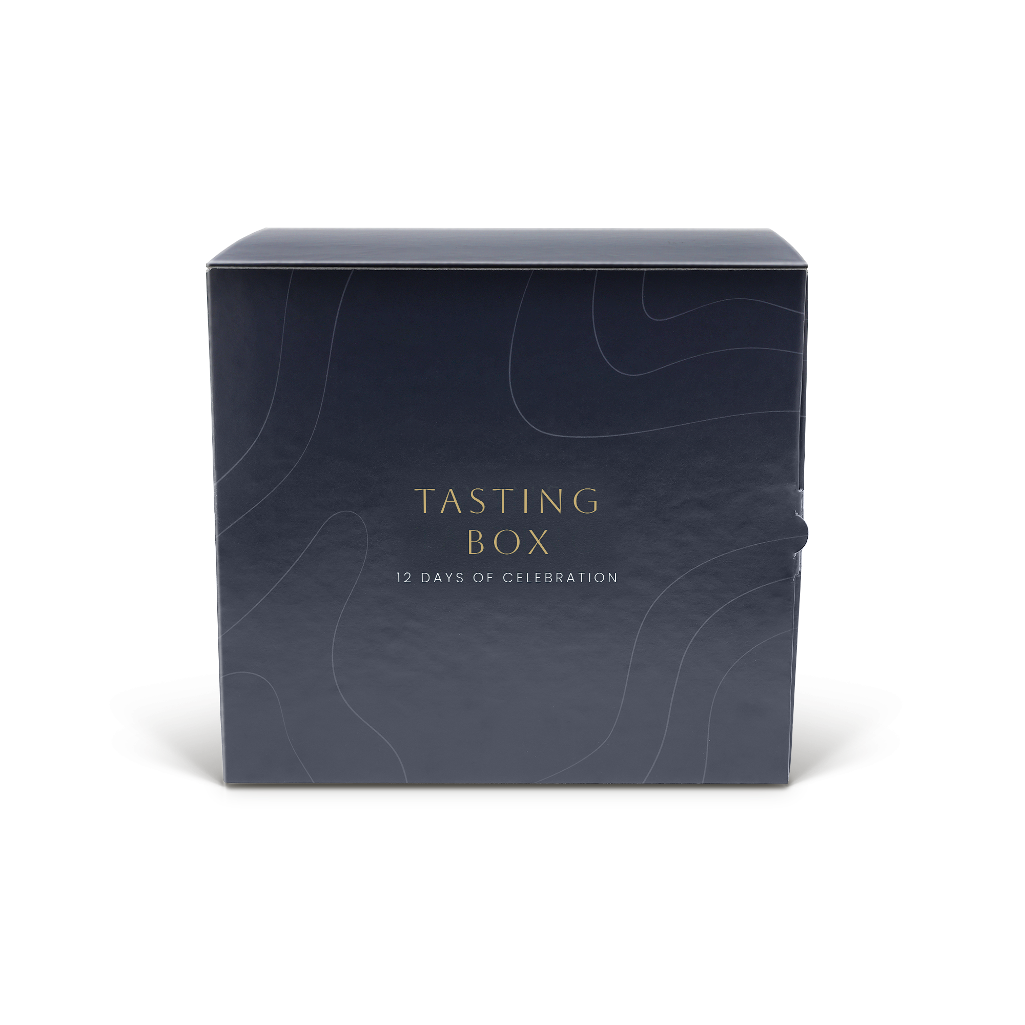 Gepersonaliseerde Wijn Adventskalender met 12 wijntubes en gegraveerd glas. Donkerblauwe doos met gouden tekst Tasting Box 12 Days of Celebration.