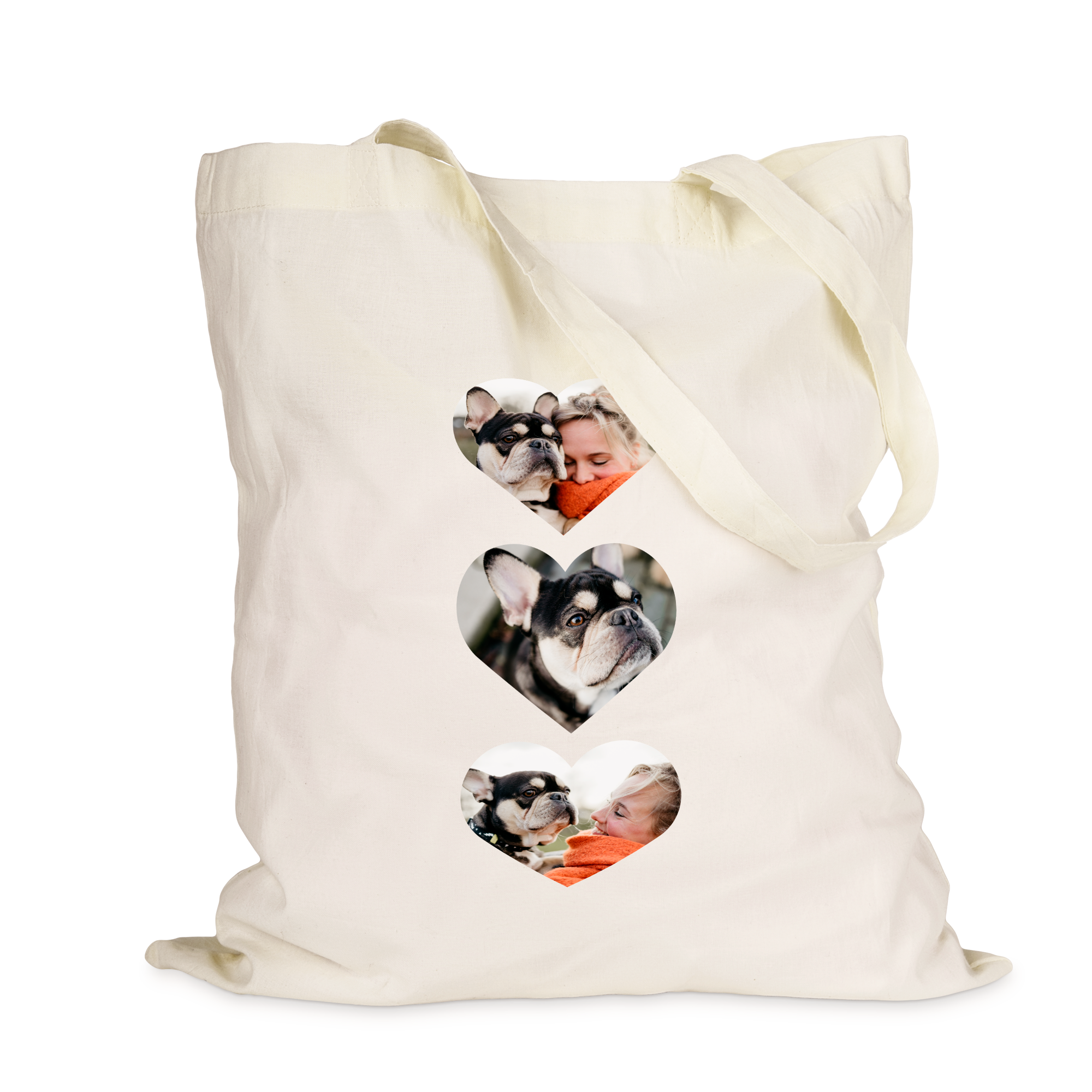 Geantă tote imprimată cu fotografii personalizate în formă de inimă cu o femeie și un cățeluș, perfectă pentru a vă aduce toate lucrurile preferate