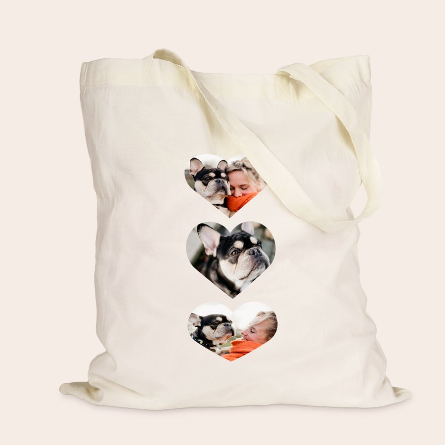 Geantă din pânză de in Geantă tote imprimată cu fotografii personalizate în formă de inimă cu o femeie și un cățeluș, perfectă pentru a vă aduce toate lucrurile preferate