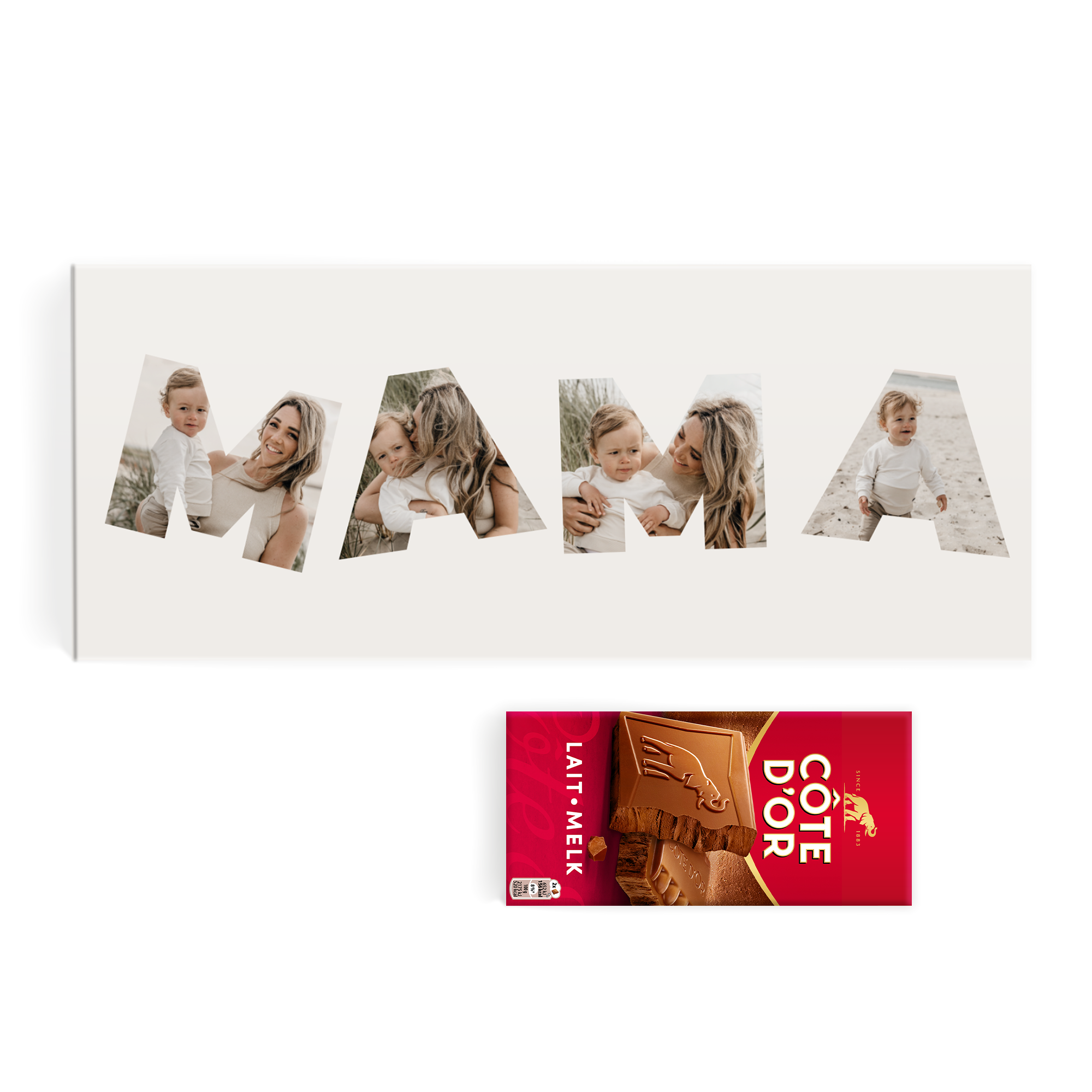 Mega reep met Cote d Or chocolade personaliseren 900 gram bedrukt met eigen foto en tekst in de letters MAMA