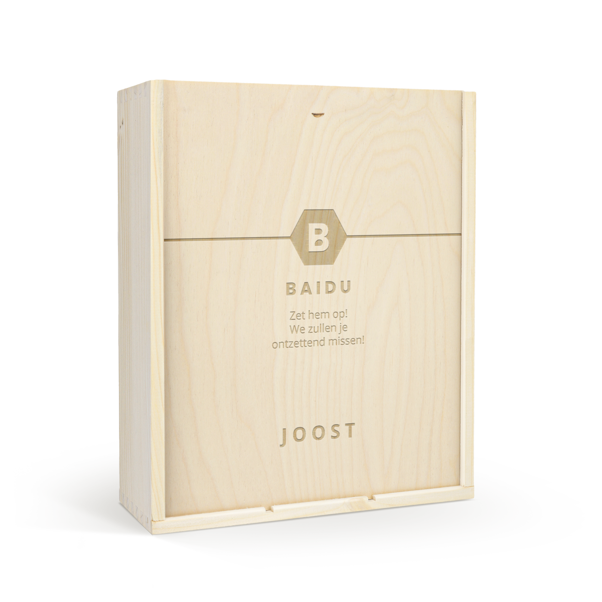 Luxe houten kist met persoonlijke gravure van "Baidu", een hartelijke boodschap en "Joost"
