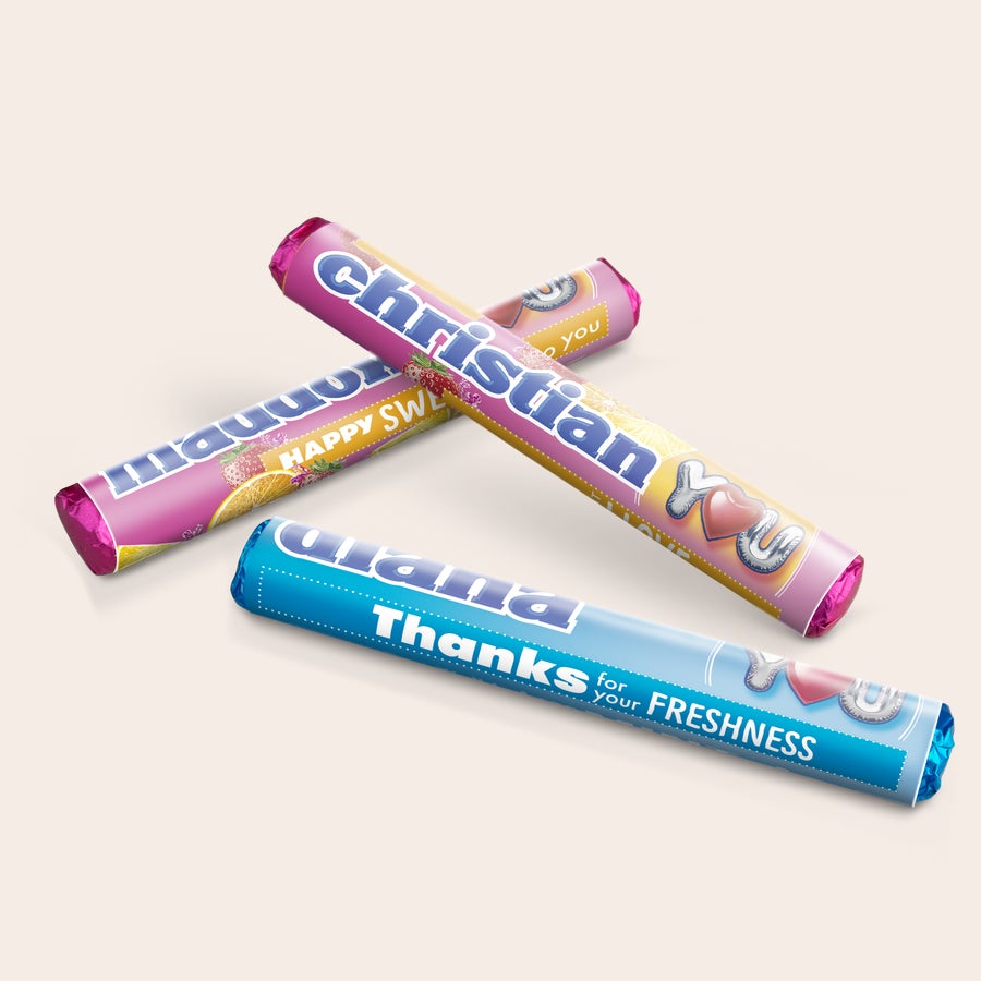 Mentos-rullat lahjapakkauksessa kuvalla ja/tai tekstillä Mentos-rullat lahjapakkauksessa kuvalla ja/tai tekstillä