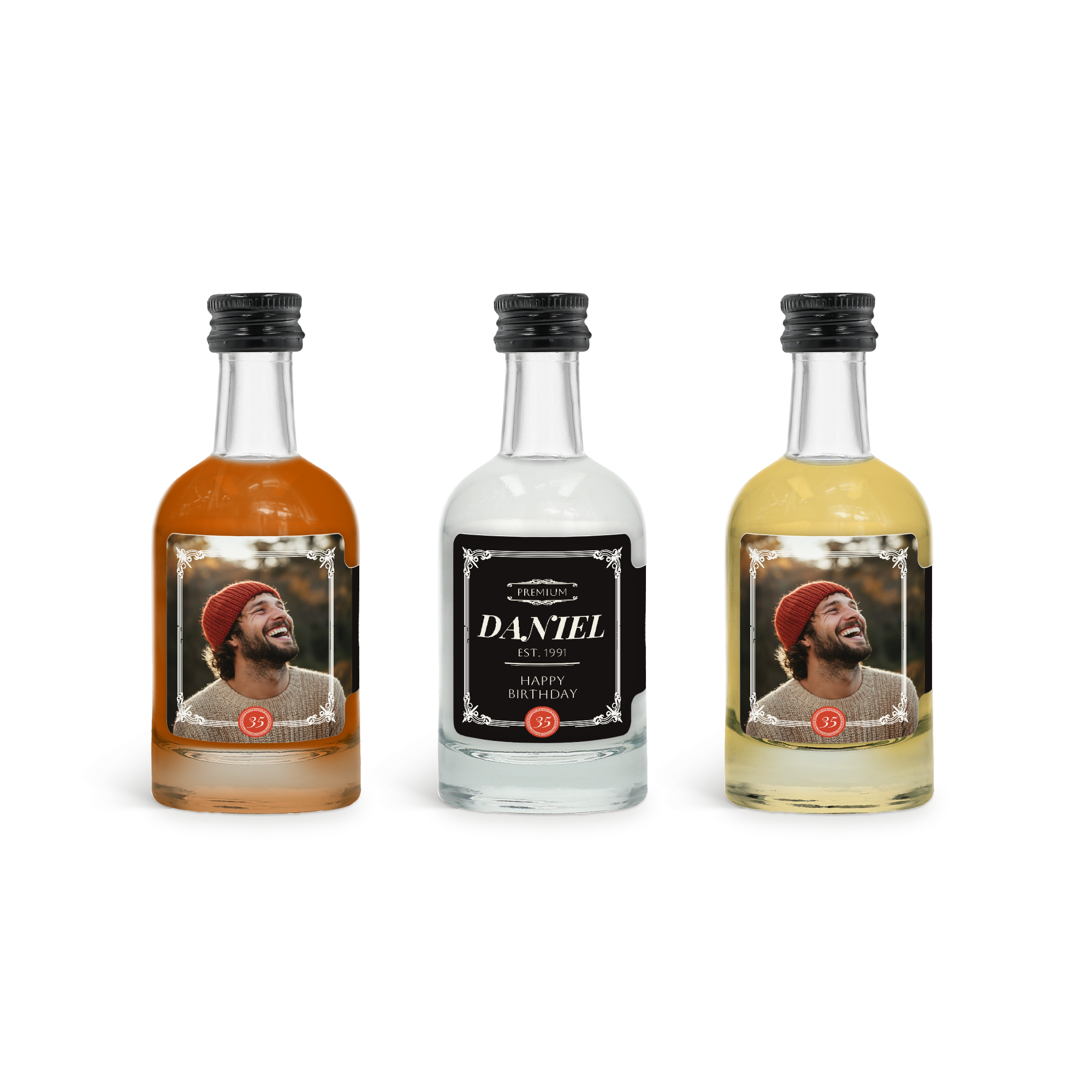 Personligt miniature alkoholsmagningssæt med brugerdefineret etiket, herunder foto, navn og alder 35.
