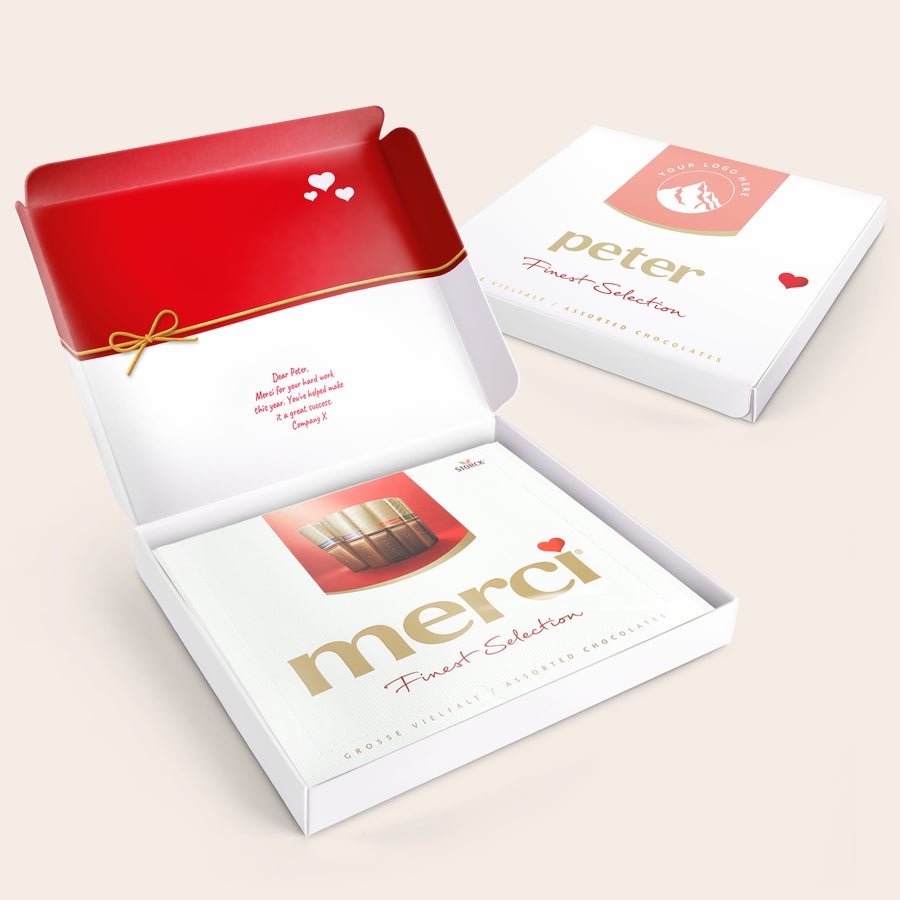 Czekolada Merci z personalizowaną kartką - 250 gramów Pudełko czekoladek Merci z personalizowaną kartką z wiadomością dla Petera